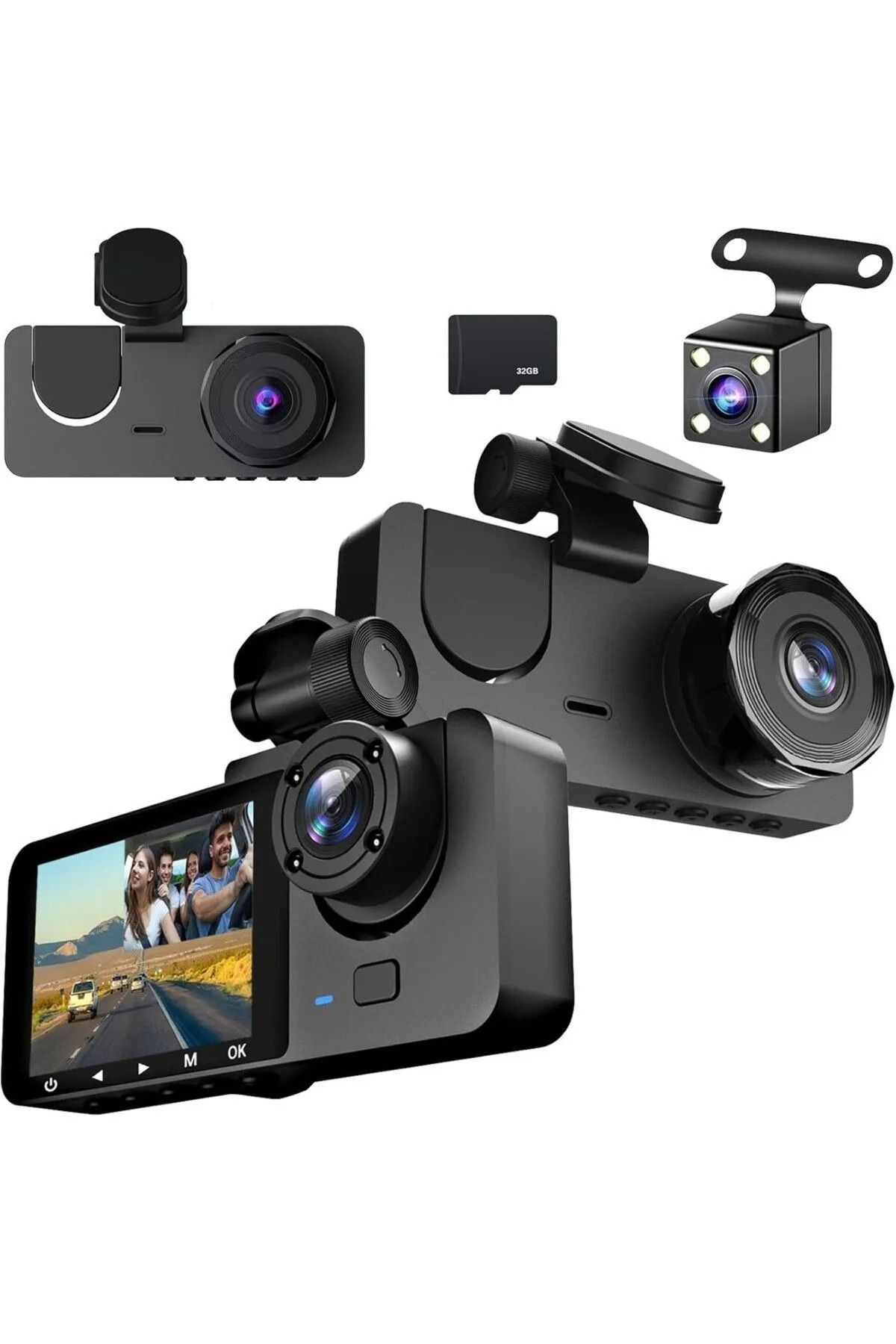 OBRAX 2 Inç 3 Kameralı 1080P Yol Kayıt Araç Kamerası (Türkçe Menü + Geri görüş+ Hareket Sensörü) Uyumlu