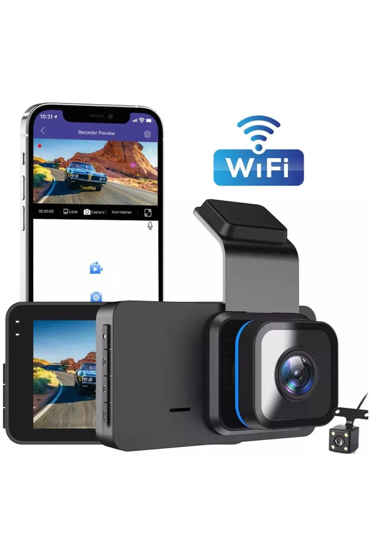 OBRAX Araç Kamerası 2k Video Kaydı 3inç Ekranlı Wifi App Kontrol + Gece Görüşü Geri Görüş Kamerası
