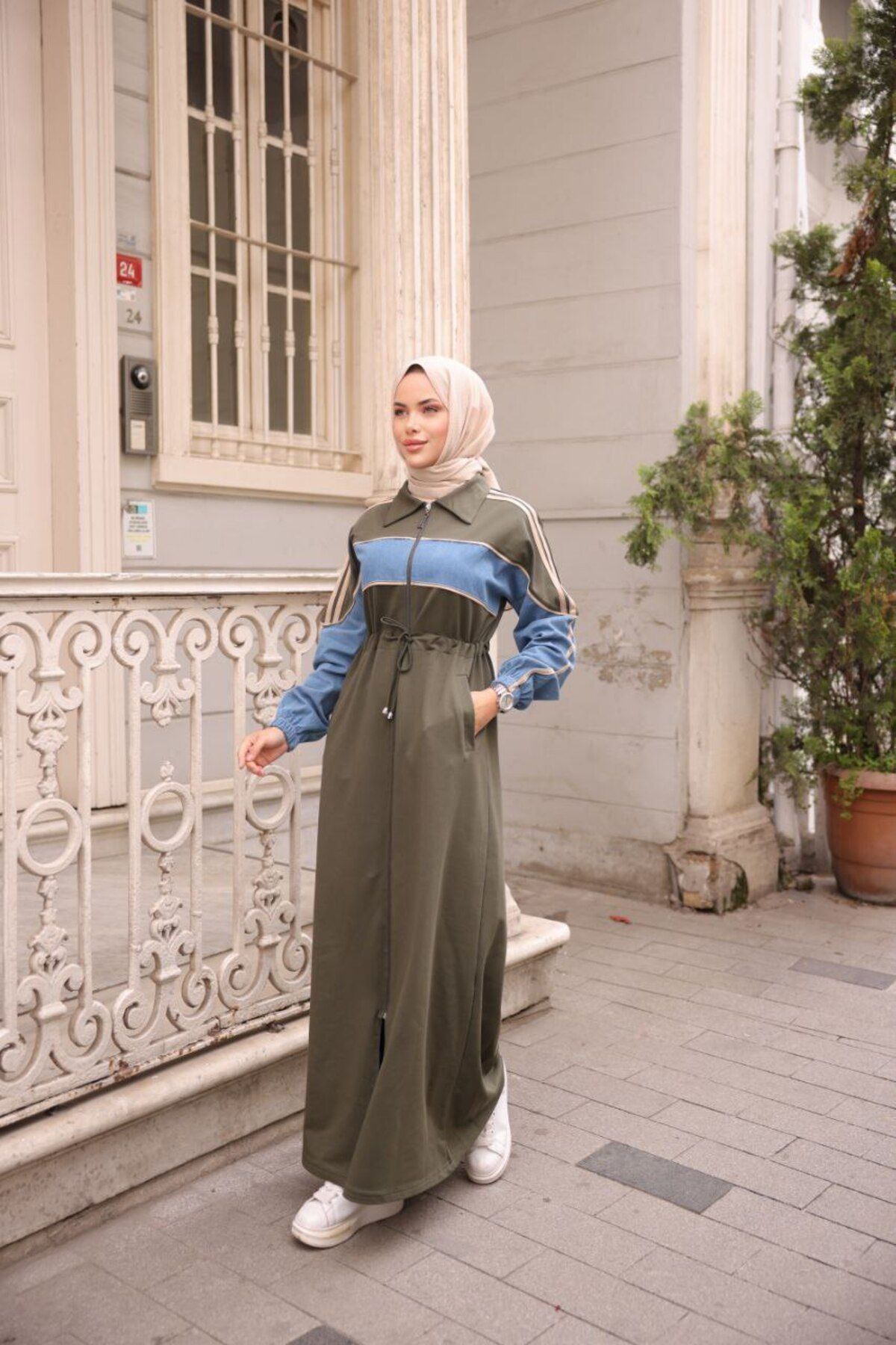 moda4b Kadın Kapşonlu Kot Detaylı Spor Kap – Pamuklu Rahat Tesettür Mont n-05441 _ Haki