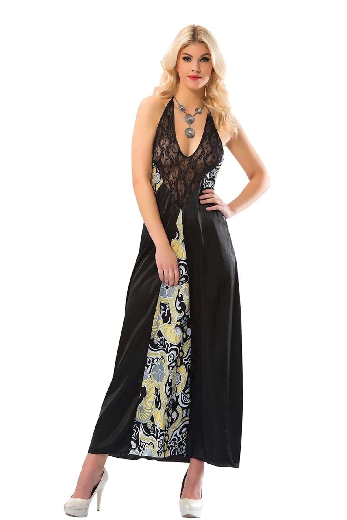 thebestnzm Siyah Dantelli Saten Gecelik - 086