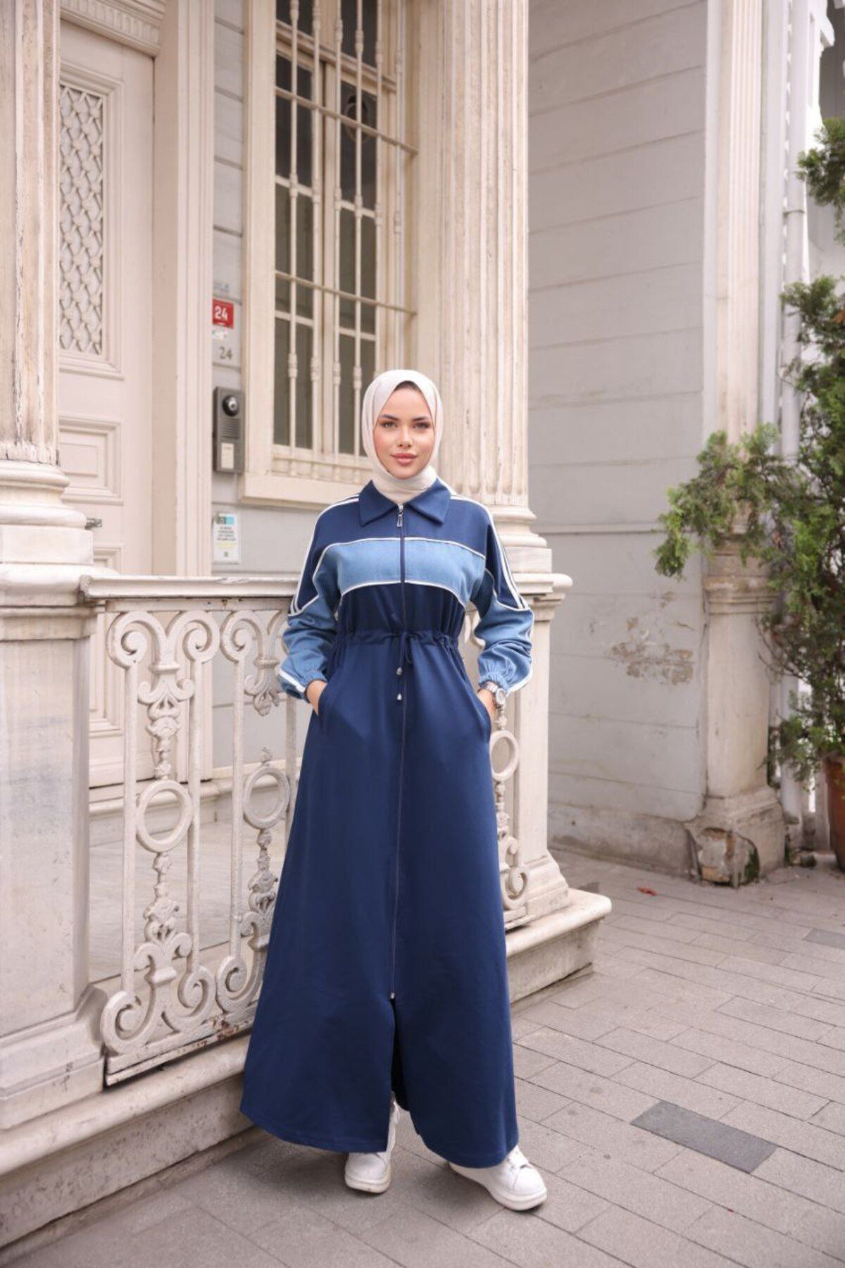 moda4b Kadın Kapşonlu Kot Detaylı Spor Kap – Pamuklu Rahat Tesettür Mont n-05441 _ Lacivert