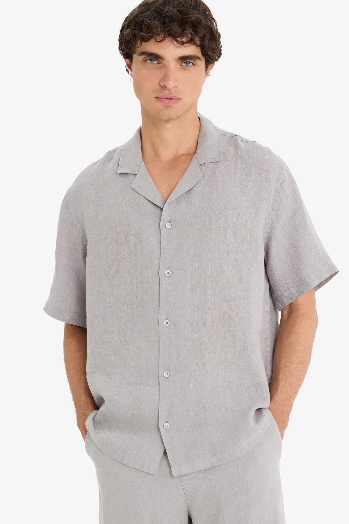 DeFacto %100 Keten Relax Fit Apaş Yaka Kısa Kollu Gömlek F4597AX25HS