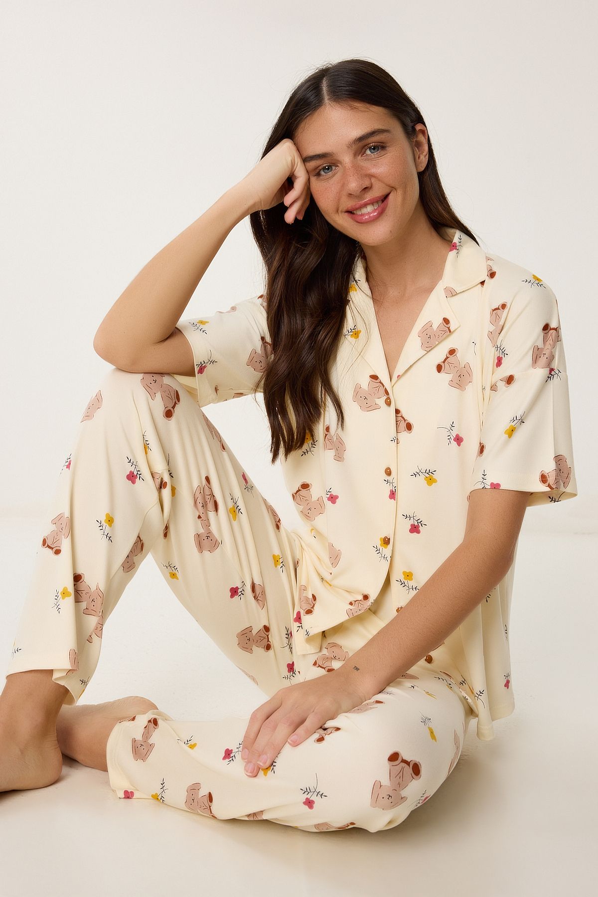 Lovelyİstanbul Desenli Örme Gömlek Pijama Takımı AÇIK SARI LPQ0011
