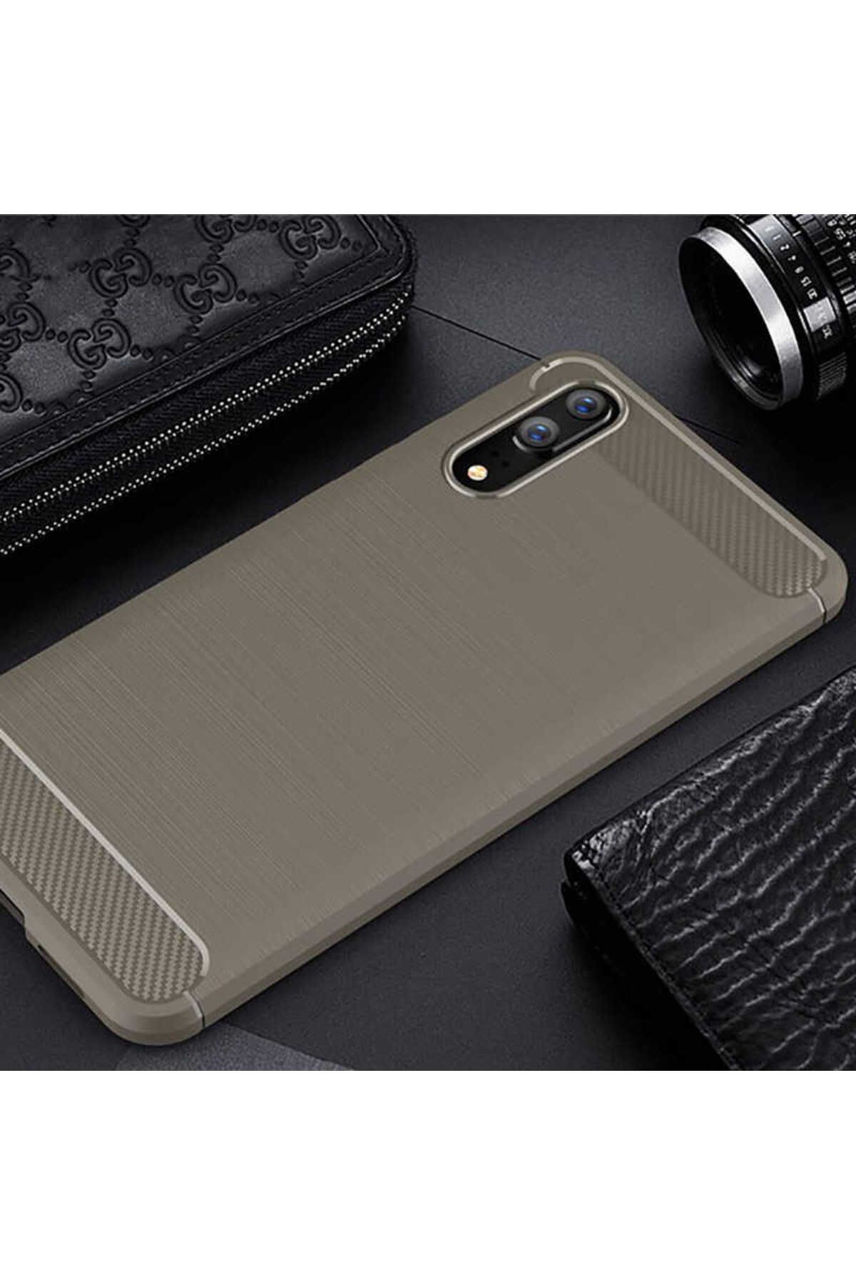 Ehr. Huawei P20 ile Uyumlu Kamera Korumalı Darbe Önleyici Carbon Brushed Silikon Kılıf