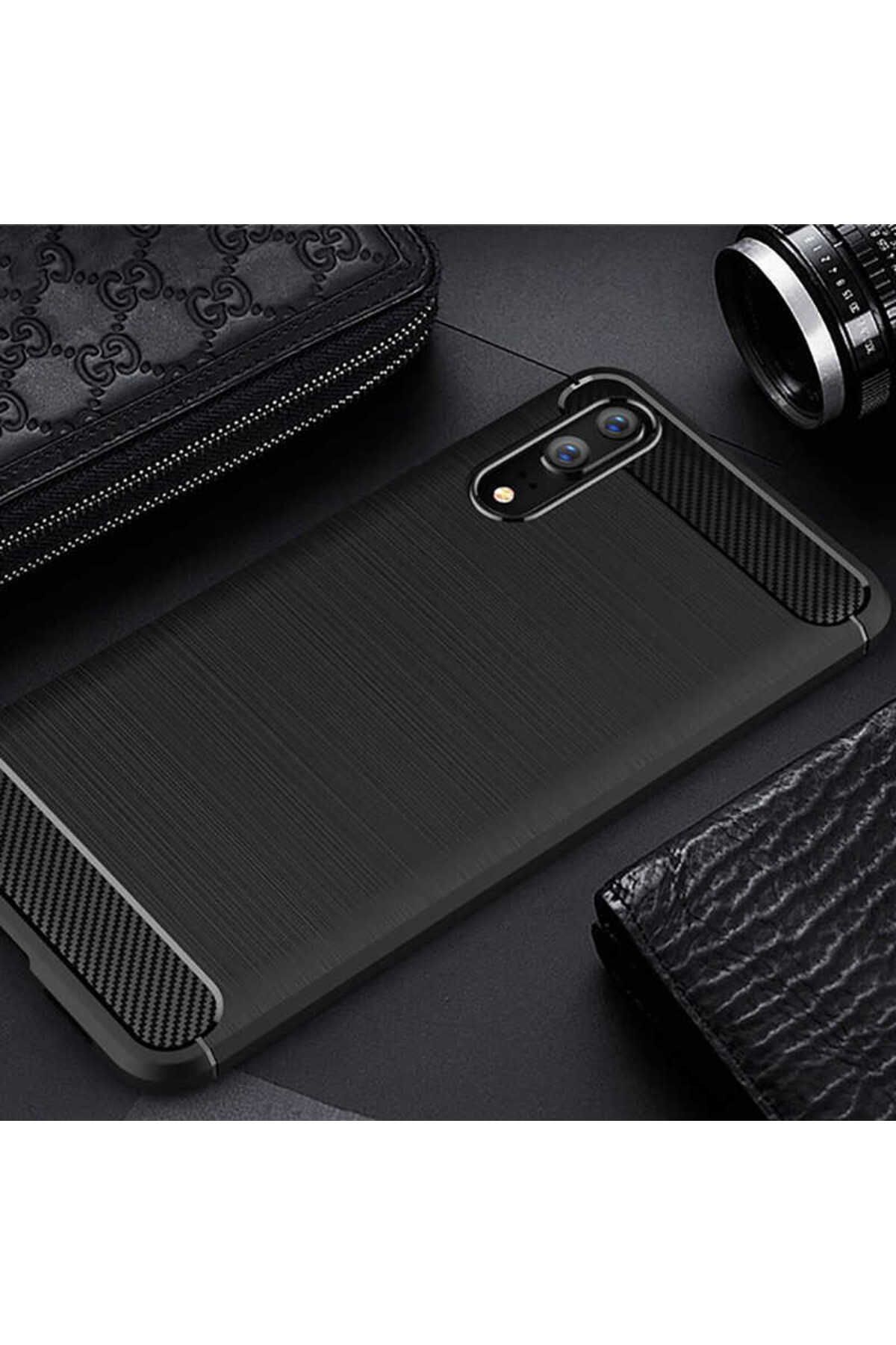Ehr. Huawei P20 ile Uyumlu Kamera Korumalı Darbe Önleyici Carbon Brushed Silikon Kılıf