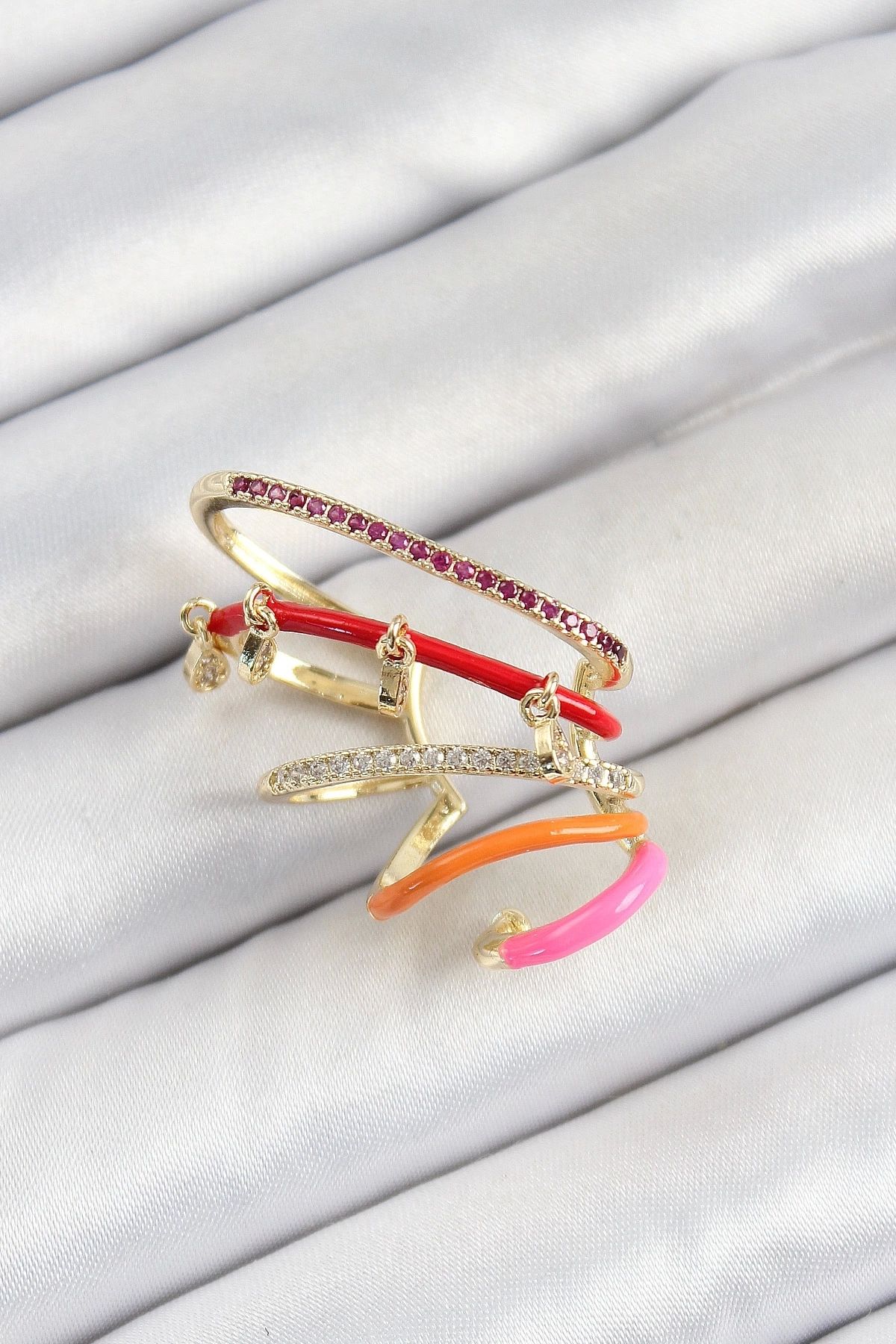 GLIMMERY Pirinç Zirkon Taşlı Kırmızı Turuncu Pembe Sıkıştırma Sağ Kıkırdak Gold Renk Kadın Küpe