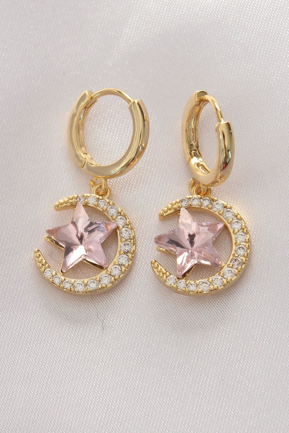 Nemere Pirinç Gold Renk Pembe Zirkon Taşlı Yıldız Detay Ay Küpe - TJ-BKP8965