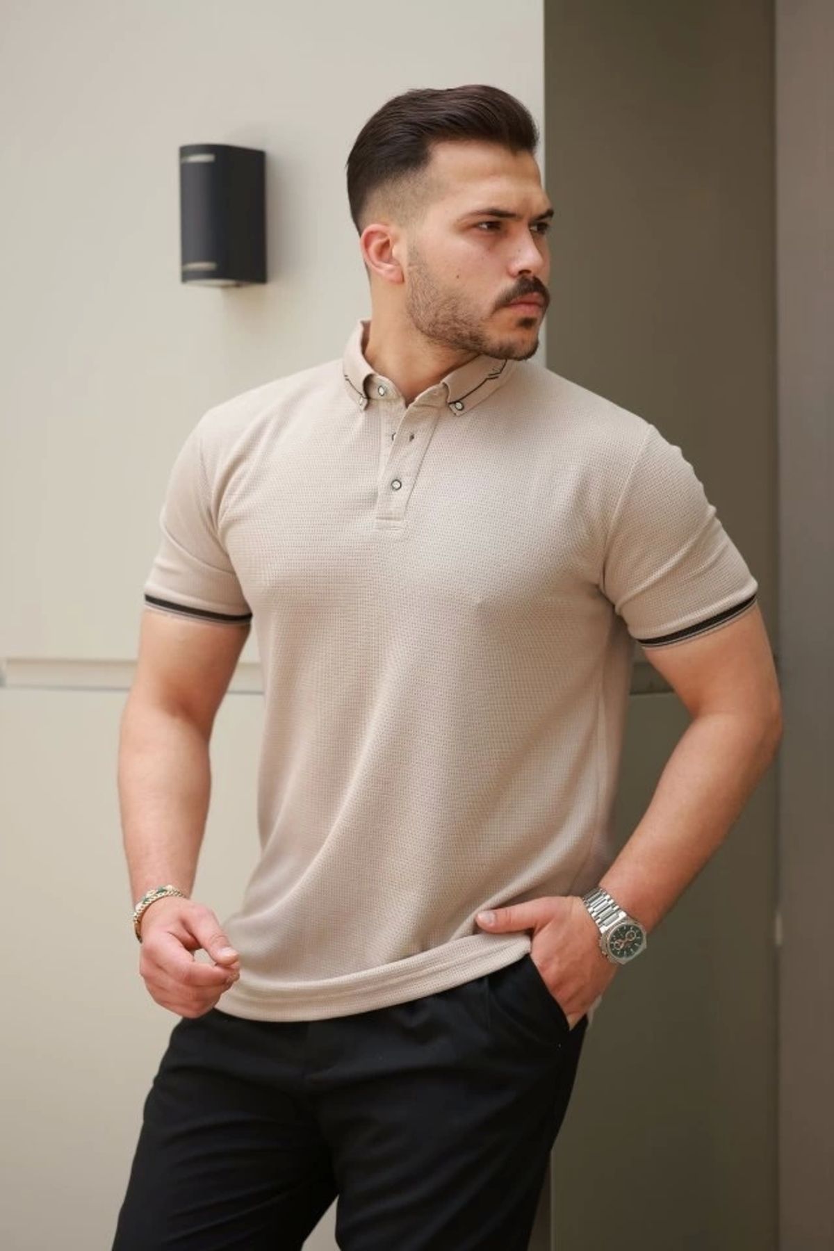 Butik Erkek Düğmeli Yaka Waffle Kumaş Kısa Kollu Tişört