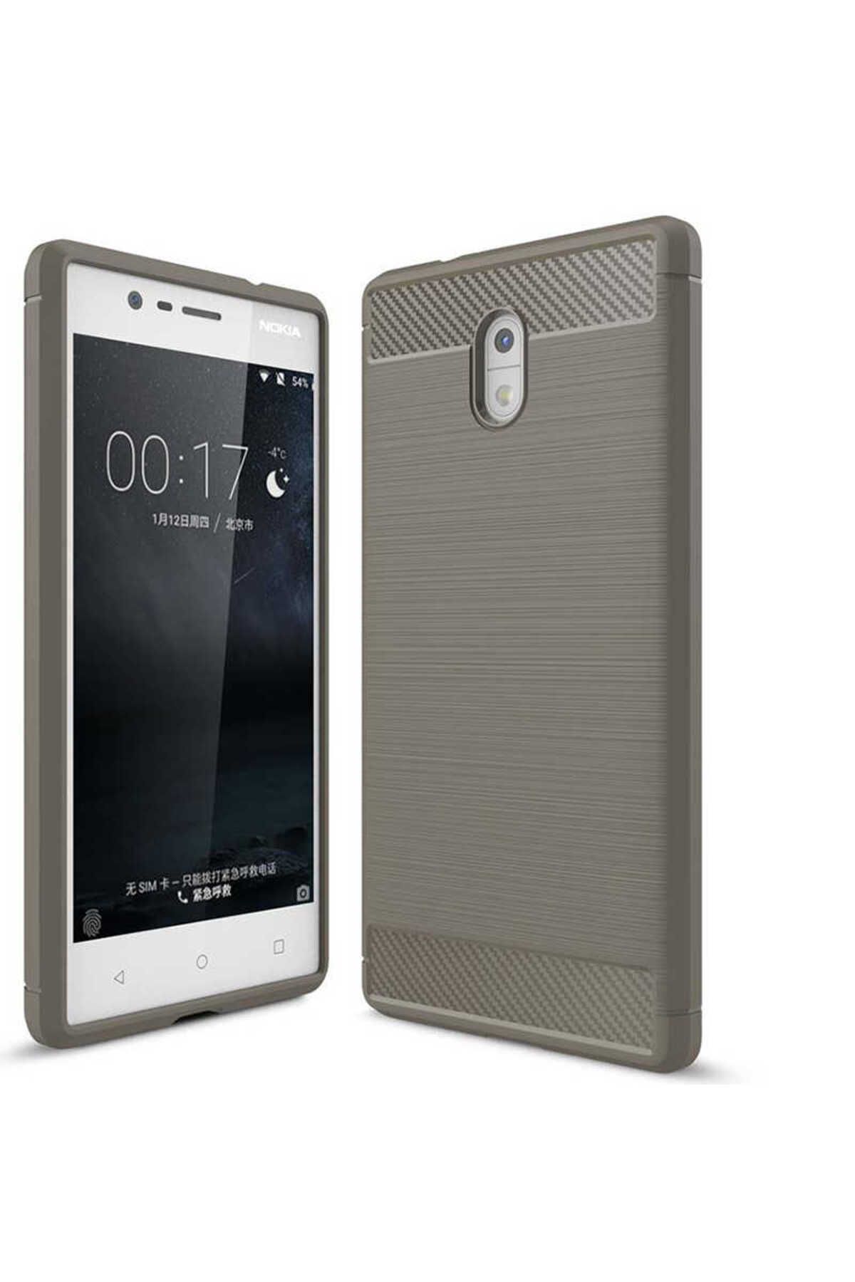 Ehr. Nokia 3 ile Uyumlu Kamera Korumalı Darbe Önleyici Carbon Brushed Silikon Kılıf