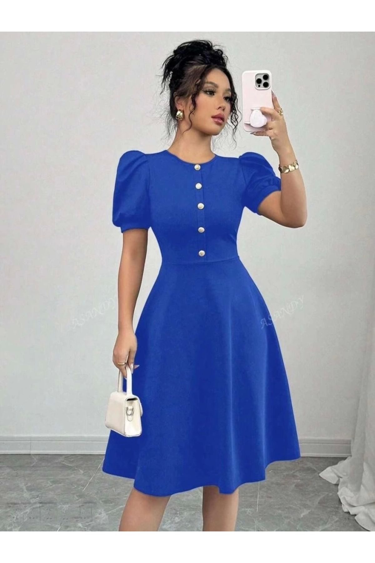 Butik Kadın Kısa Kollu Bisiklet Yaka önden Düğmeli Ithal Krep Elbise