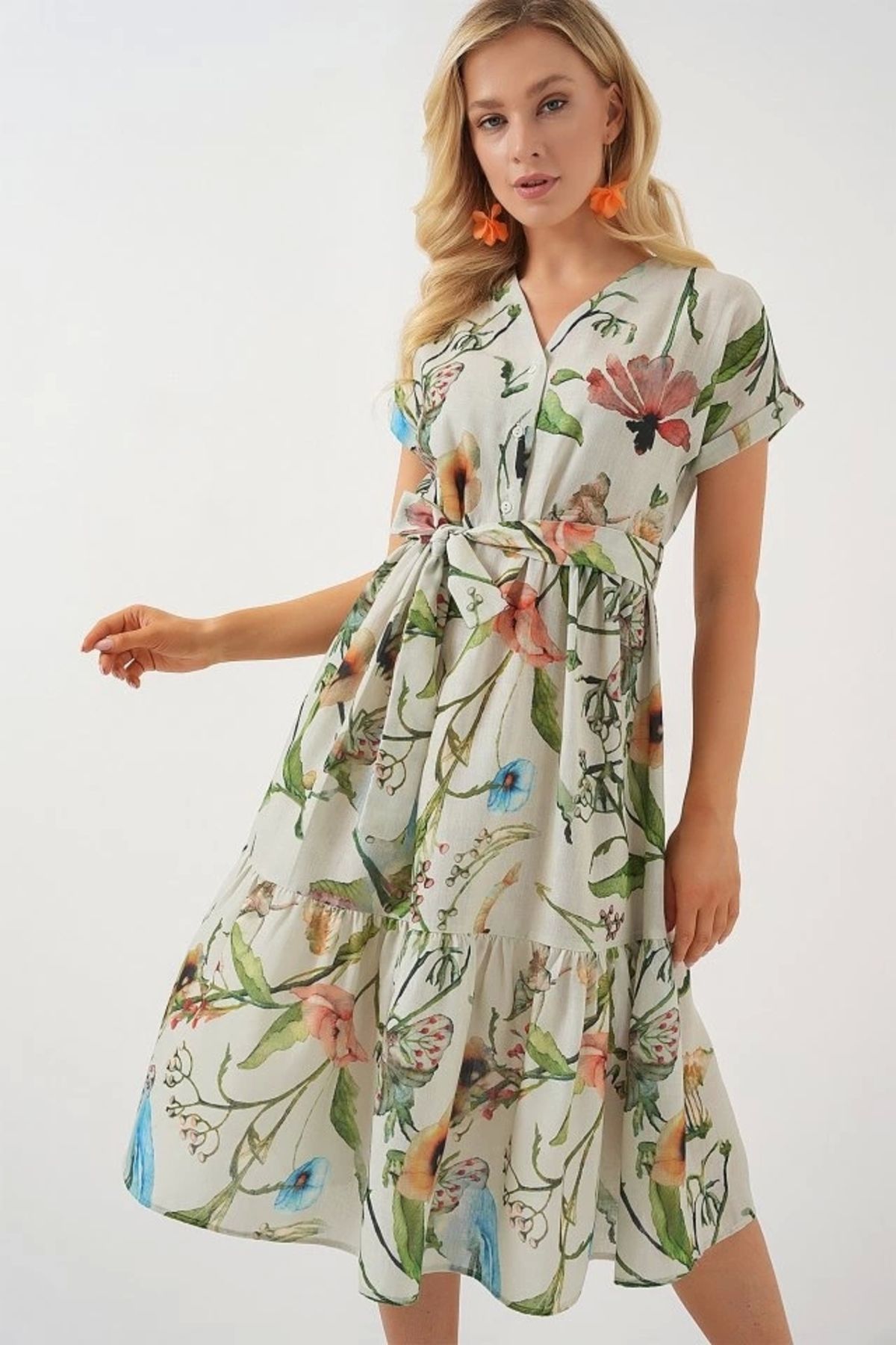 Butik Desenli Kısa Kol Elbise 2558 - Çağla
