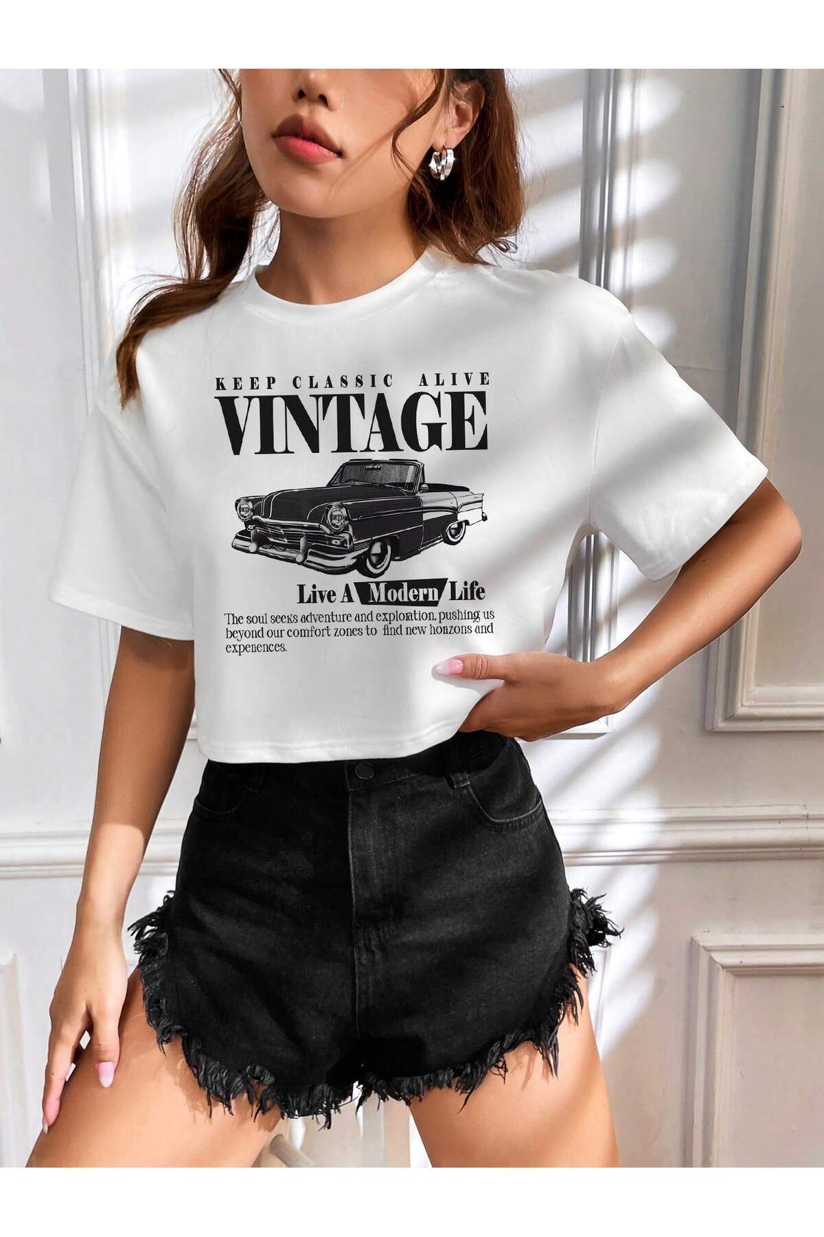 Gollinger KADIN Vintage Baskılı Beyaz Crop T-shirt