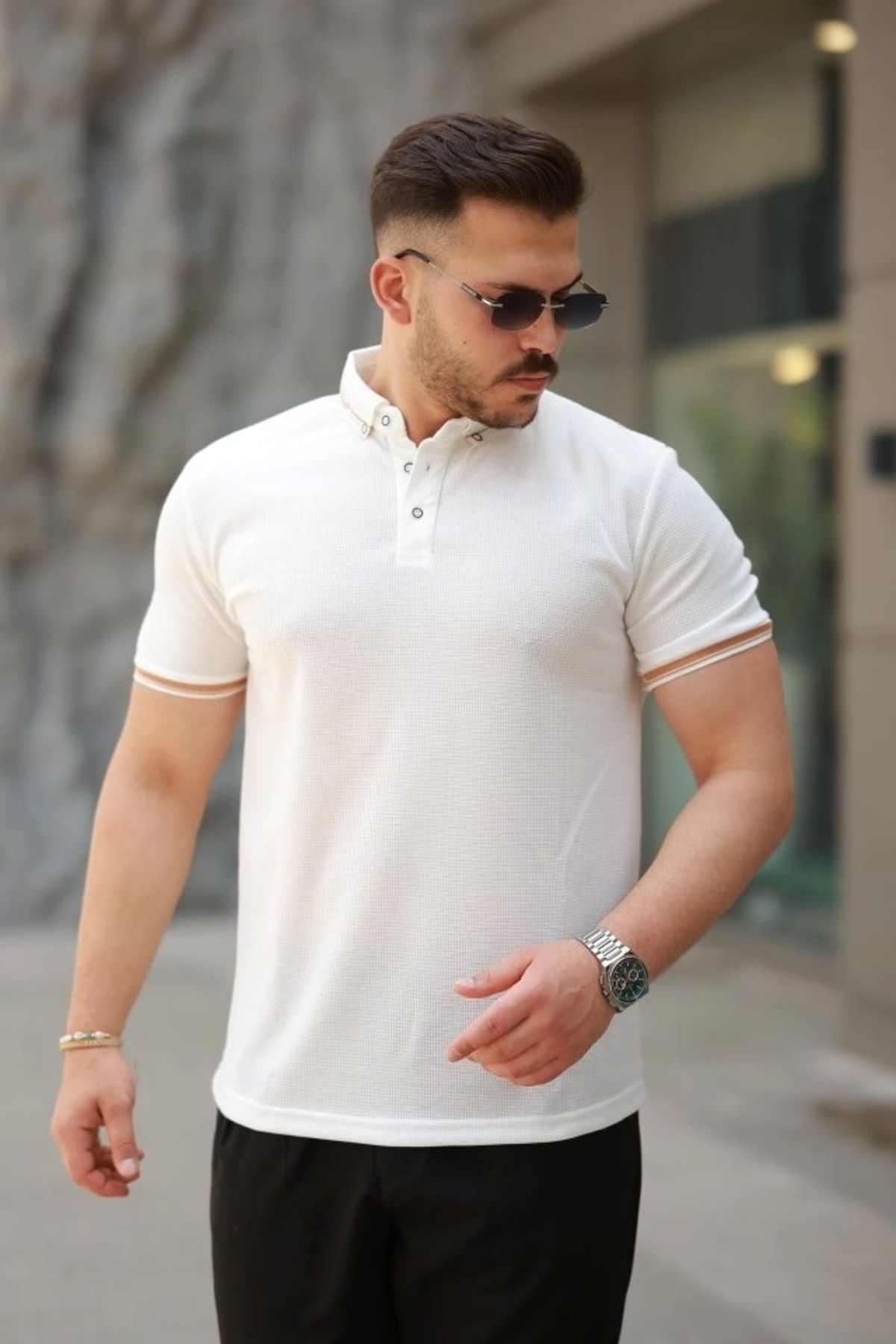 Butik Erkek Düğmeli Yaka Waffle Kumaş Kısa Kollu Tişört