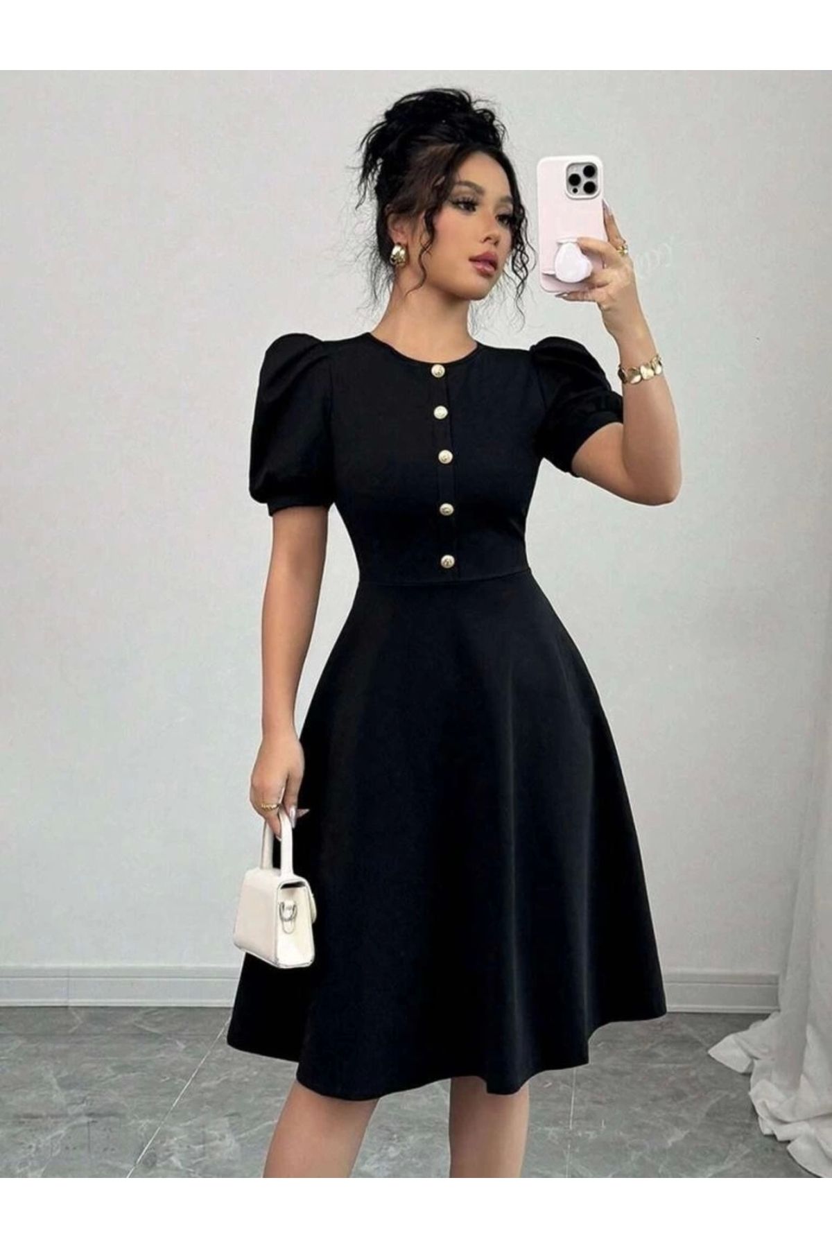 Butik Kadın Kısa Kollu Bisiklet Yaka önden Düğmeli Ithal Krep Elbise