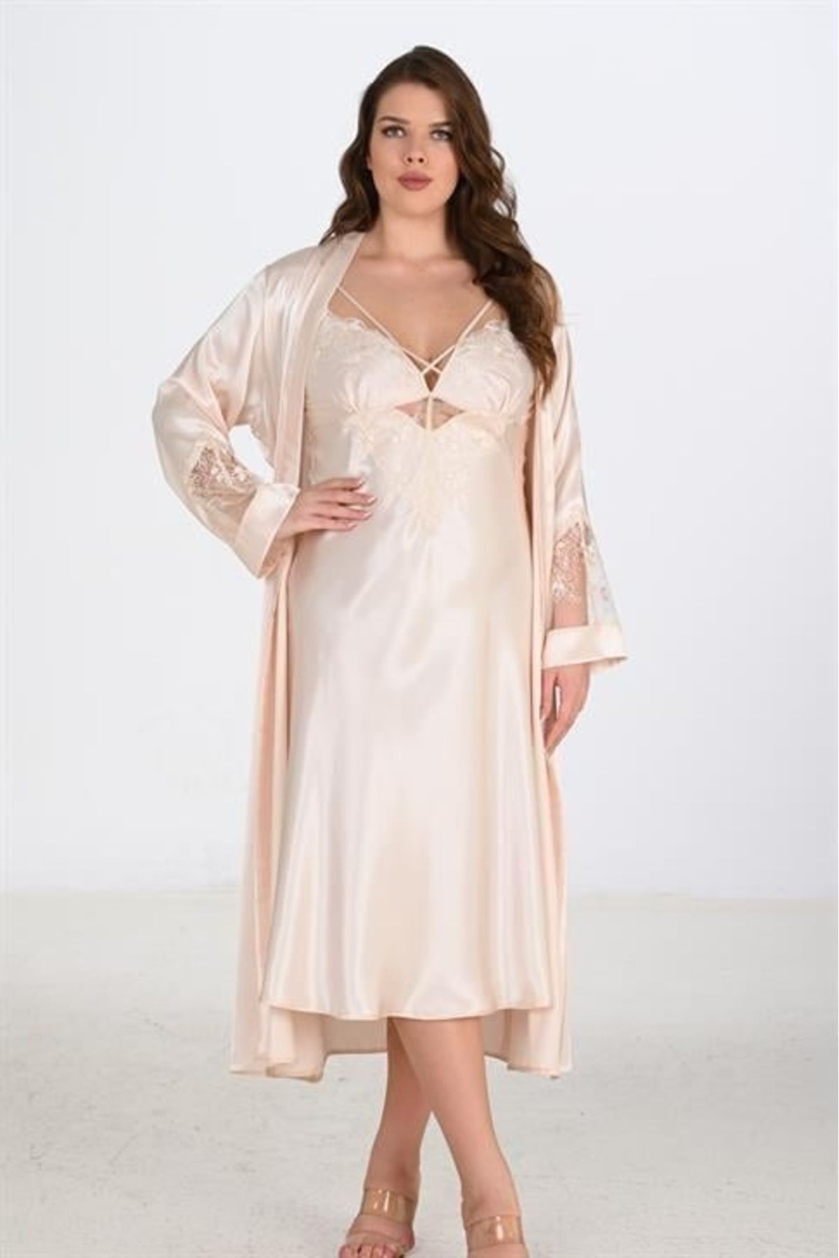 Moon wear 2li Fildişi Sabahlık Takımı Bigsize 6222