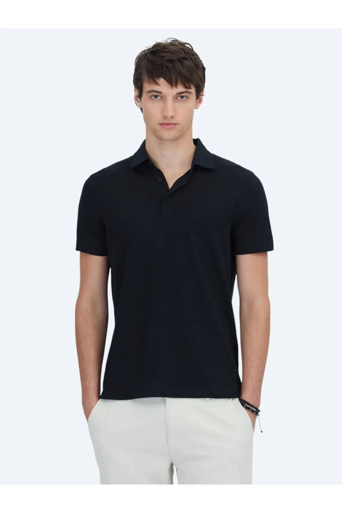 Kip Siyah Desenli Polo Yaka Pamuk Karışımlı T-Shirt