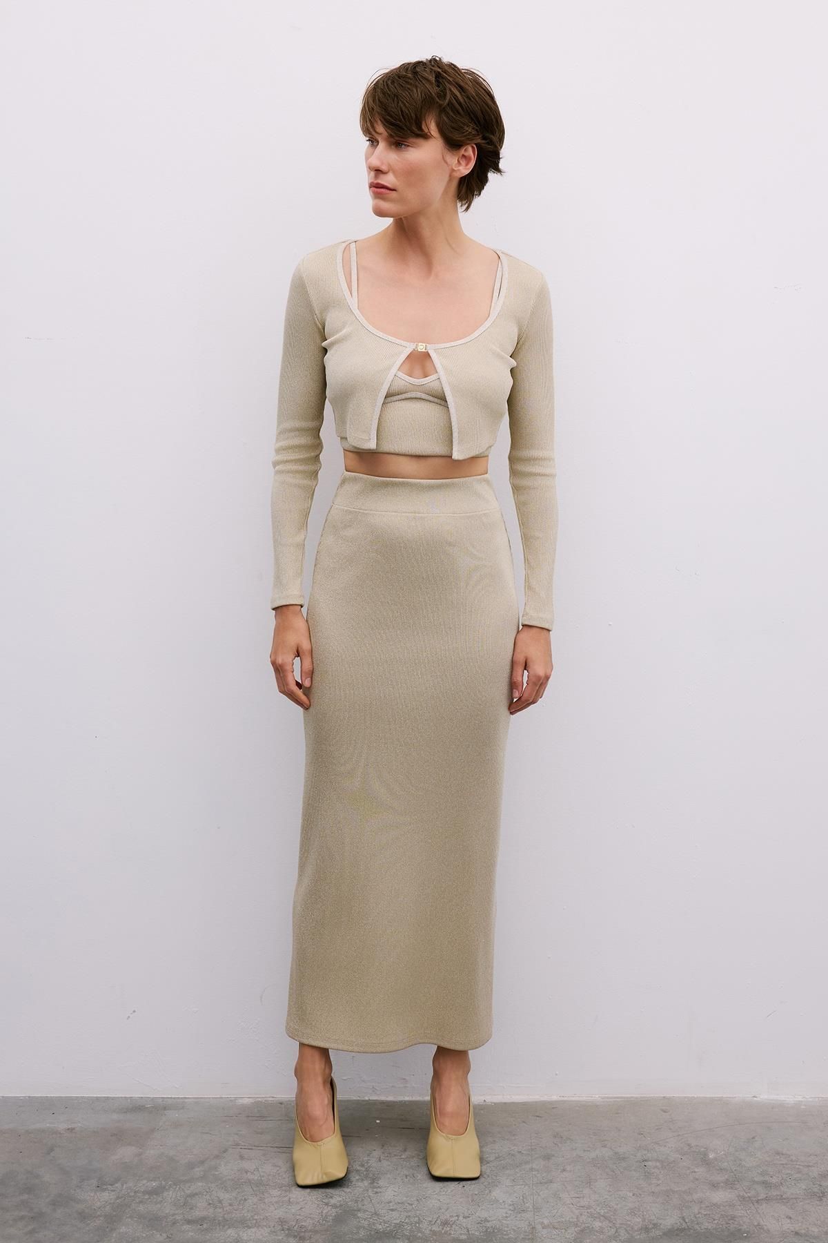Rue Studio Gold Payetli Uzun Kollu Gold Crop Hırka