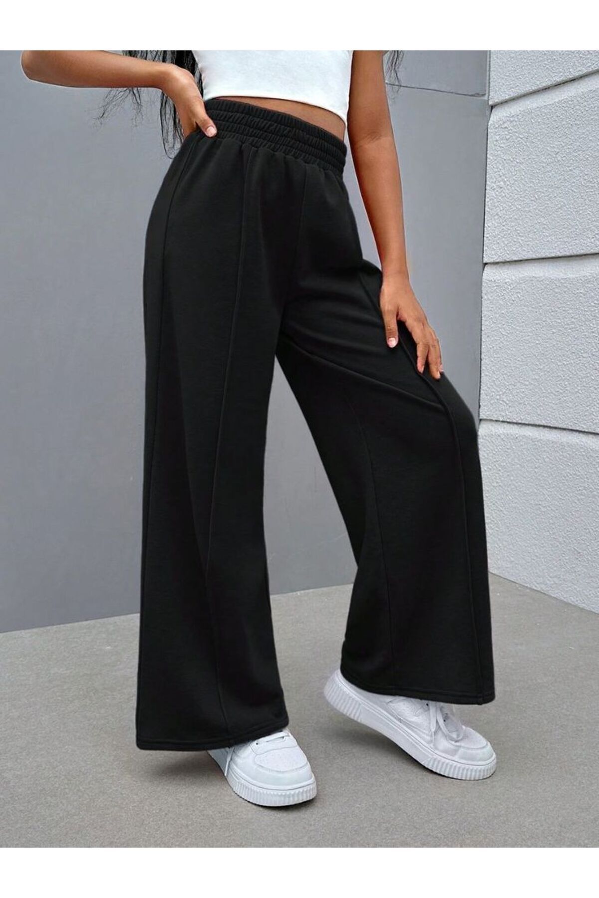 ervafashion Siyah Bol Paça Önü Çımalı Rahat Kesim Esnek Rahat Kumaş Günlük Eşofman Altı Unisex