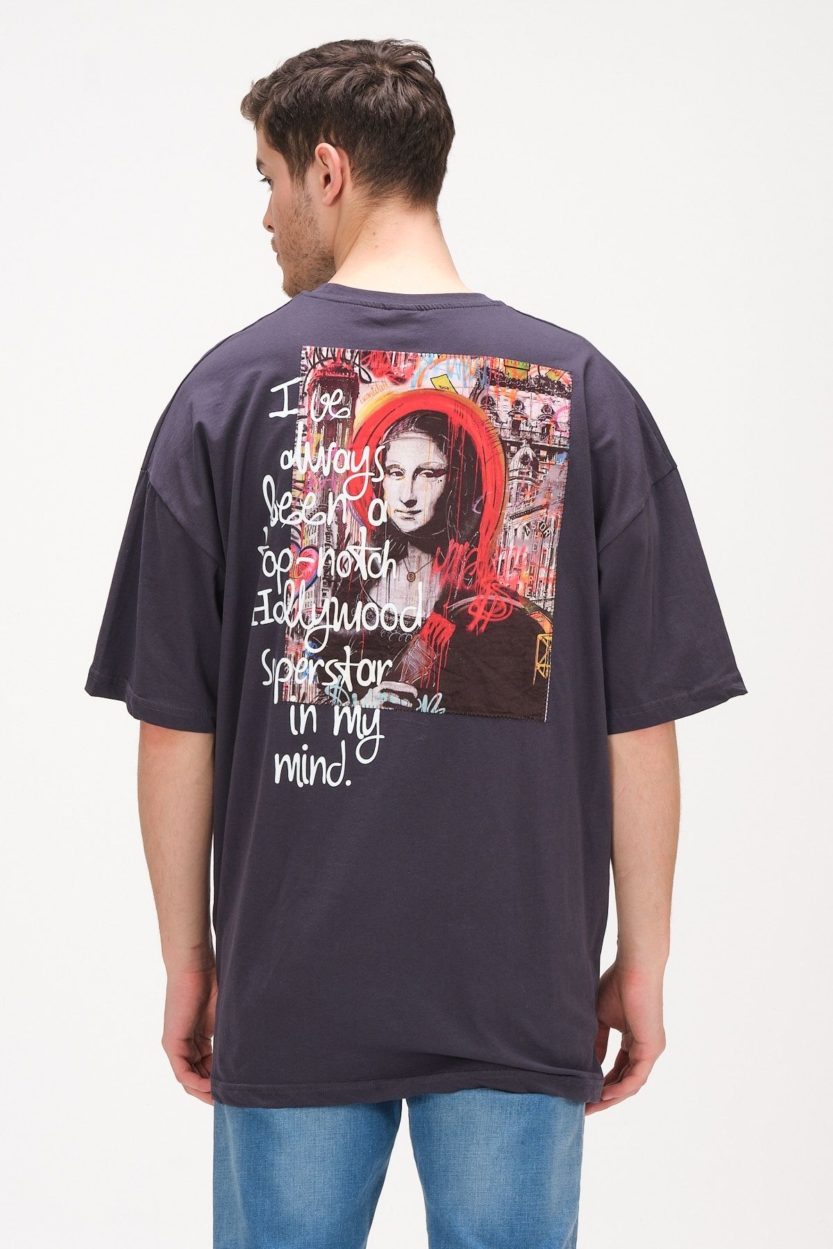 Chirkef Unisex Oversize 100% Pamuk Aplike Yama Sırt Baskılı Bisiklet Yaka Sokak Stili T-Shirt Mona Lisa