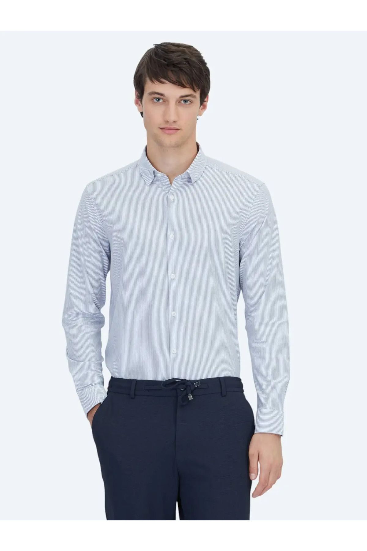 Kip Mavi Çizgili Regular Fit Casual Pamuk Karışımlı Gömlek