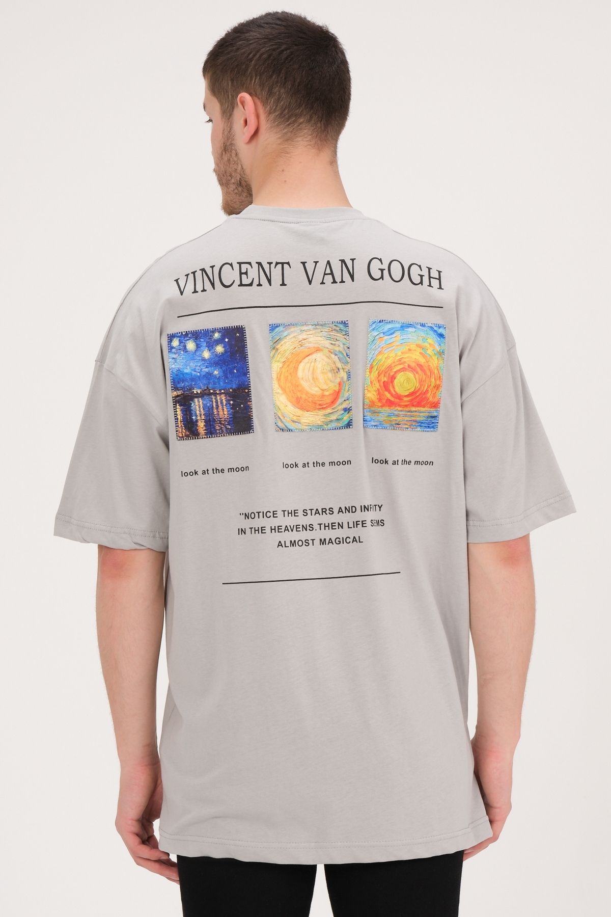 Chirkef Unisex Oversize 100% Pamuk Aplike Yama Sırt Baskılı Bisiklet Yaka Sokak Stili T-Shirt Loving Vincent