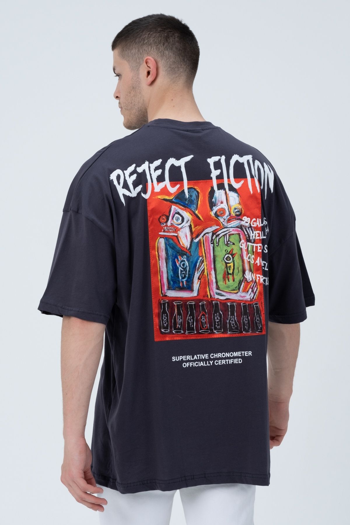 Chirkef Unisex Oversize 100% Pamuk Aplike Yama Sırt Baskılı Bisiklet Yaka Sokak Stili T-Shirt Reject Fiction