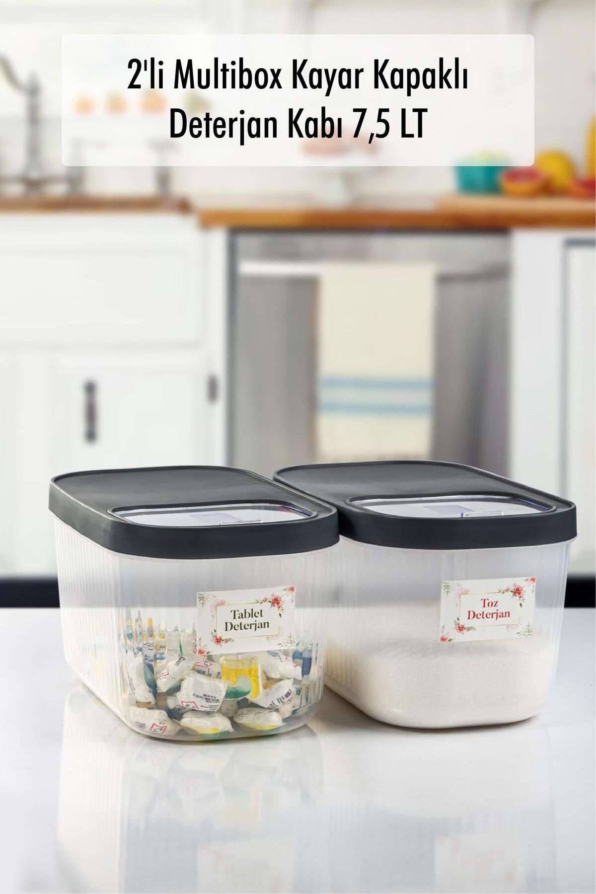 Serero 2'Li 7.5 LT Multibox Kayar Kapaklı Saklama Kabı & Erzak Kabı & Toz Ve Tablet Deterjan Kutusu ( ETİKE