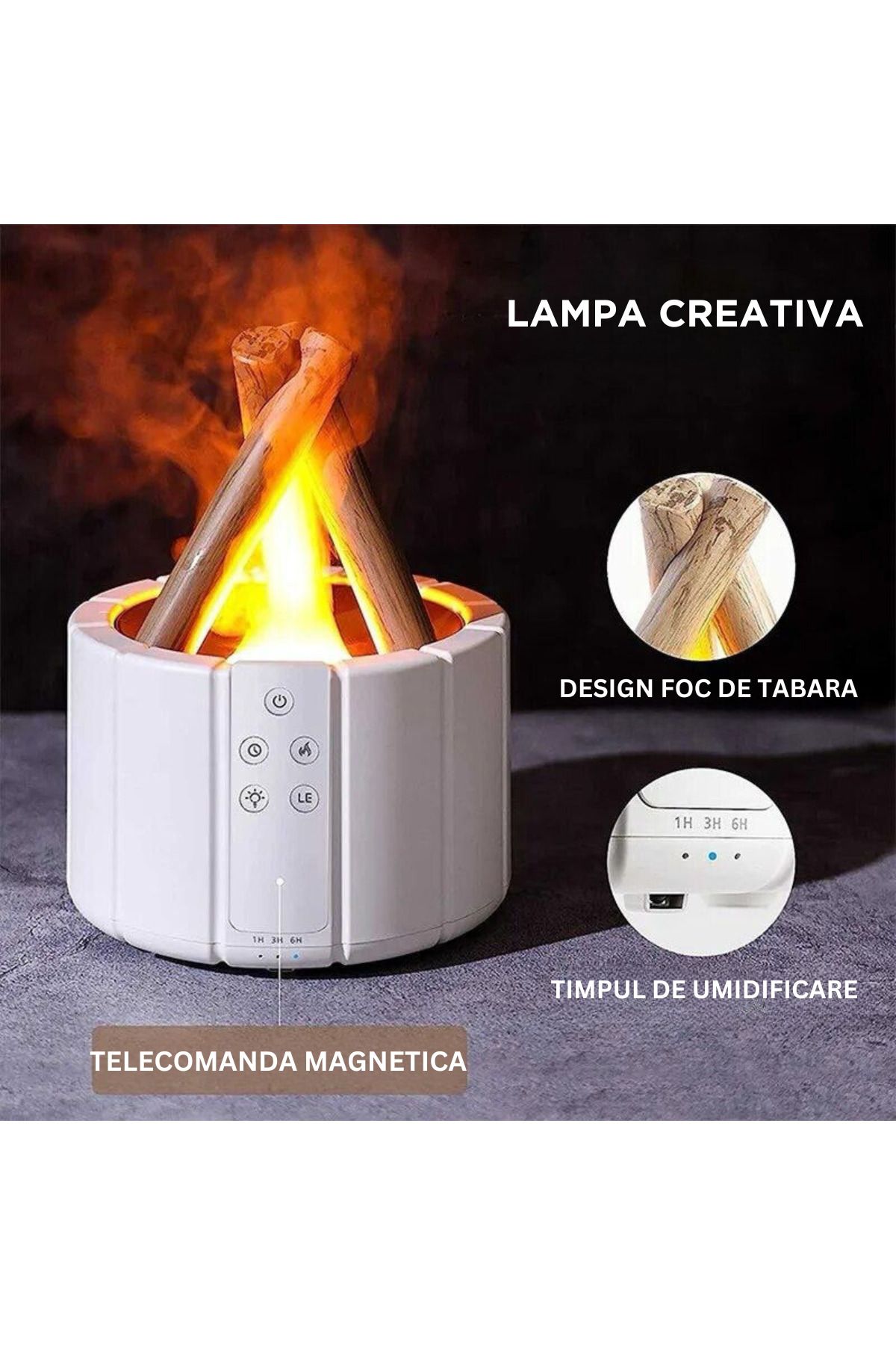 ATOMKIT-Difuzor Aromaterapie, Umidificator sub forma Foc de Tabara, Multiple Culori ale focului, Alb 5