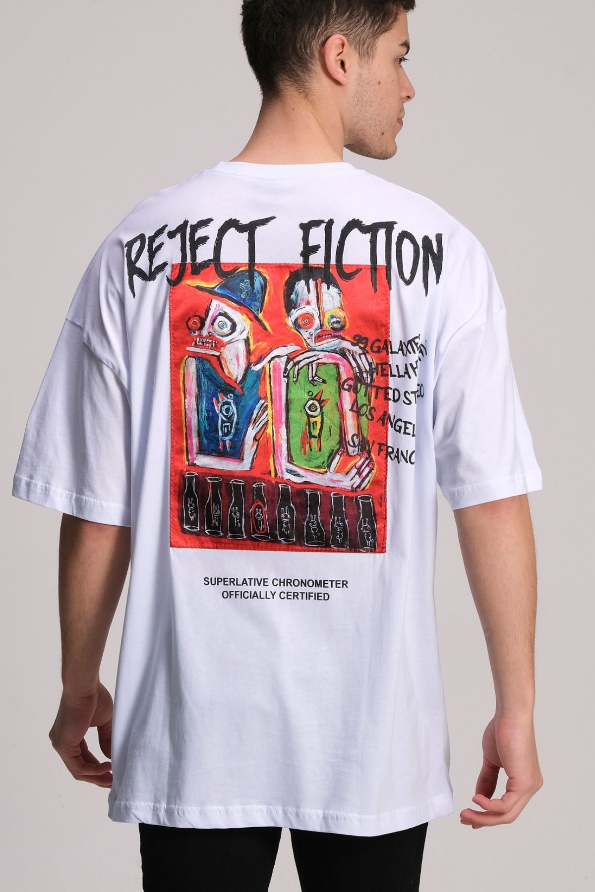 Chirkef Unisex Oversize 100% Pamuk Aplike Yama Sırt Baskılı Bisiklet Yaka Sokak Stili T-Shirt Reject Fiction
