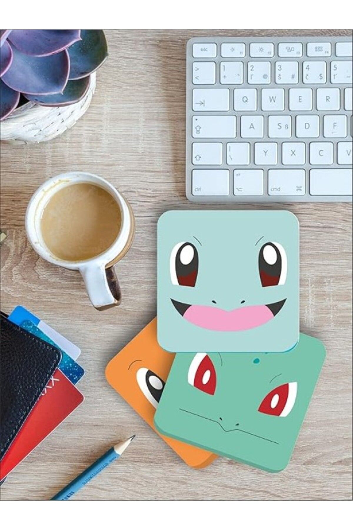 ShopZum Karbonsoft Pokemon Temalı Bardak Altlığı Ahşap Baskılı Altlık 4&Amp;Apos;Lü Set (9 X9Cm) Karbonnm51