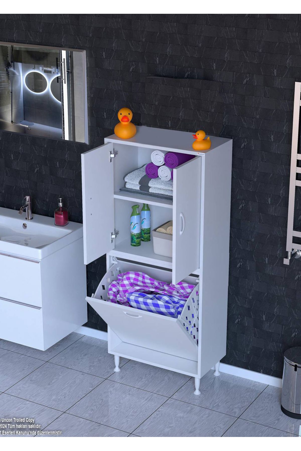 Modilayn 55 x 138 x 32,5 cm' lik Kapak İçi Çift Raflı,Tek Gözlü Sepetli Dolap Mutfak Dolabı Çok Amaçlı Dolap