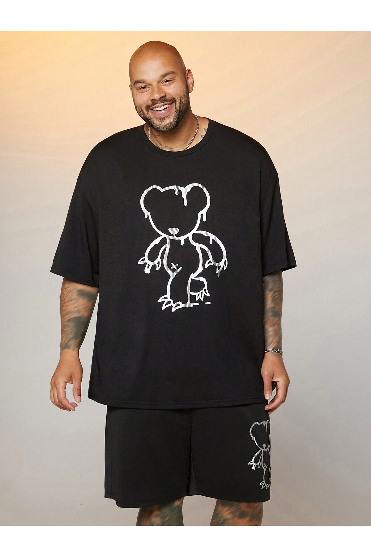 LOU MODA -ERKEK PAMUKLU BASKILI Ayıcık TSHIRT-ŞORT TAKIMI 2Lİ OVERSİZE BÜYÜK BEDEN