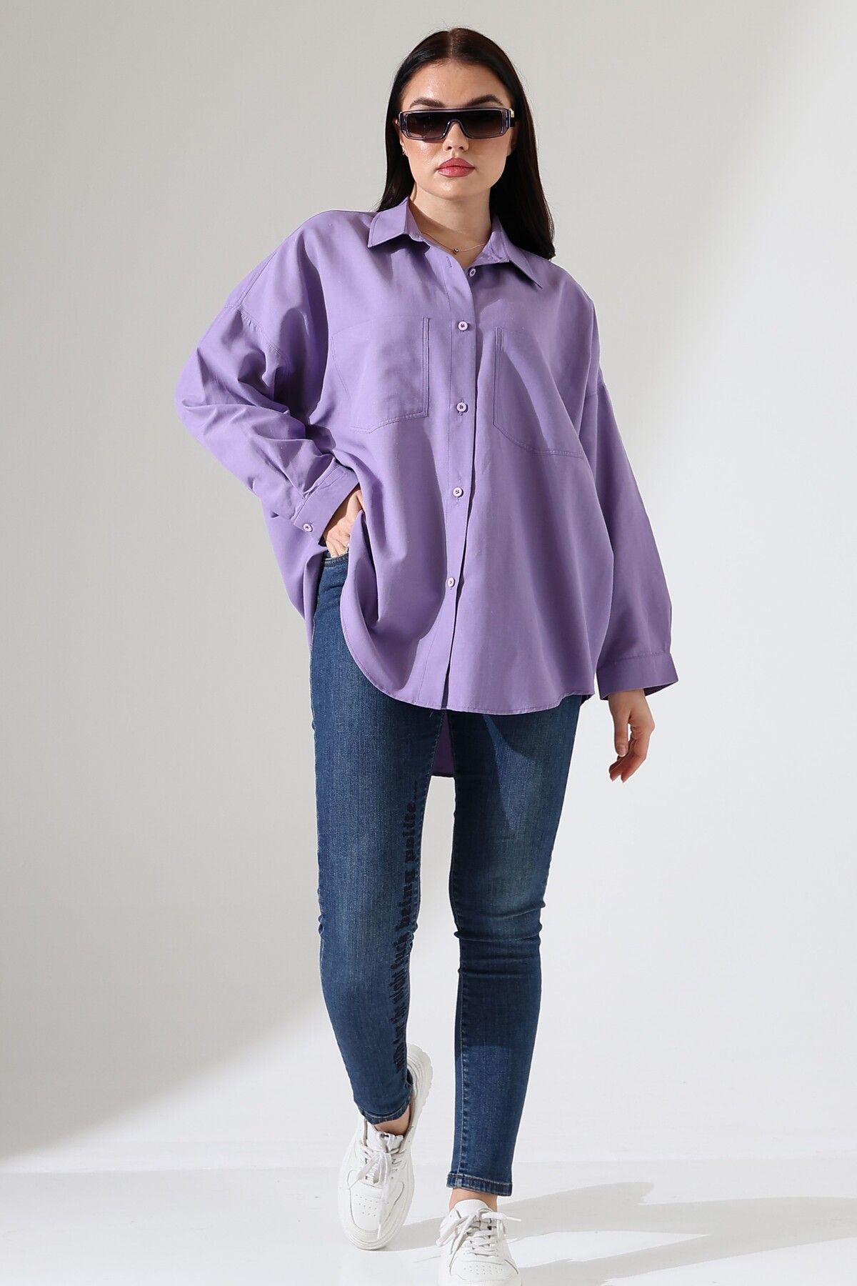 GÖMLEKÇİNİZ Oversize Poplin Kumaş Çift Cepli Kadın Tunik Gömlek