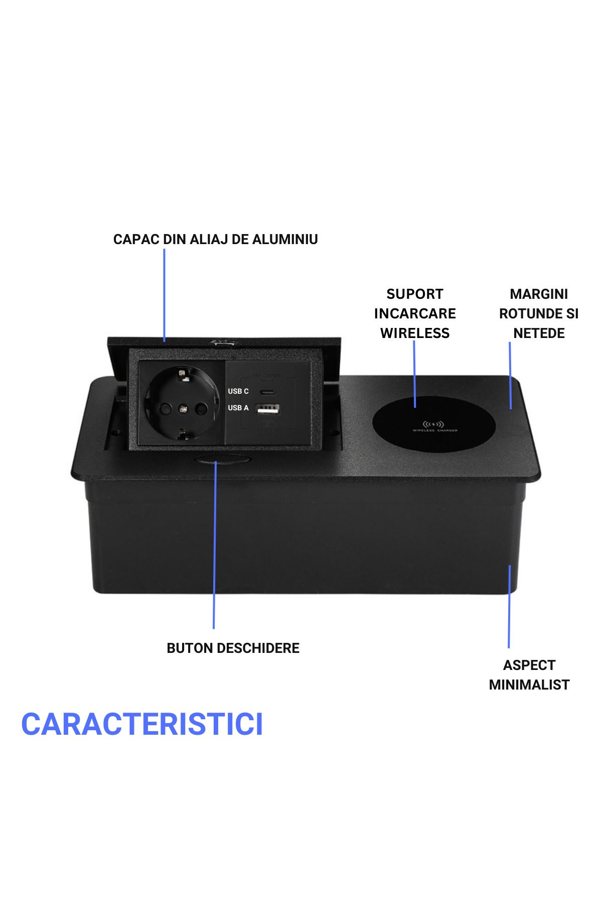 ATOMKIT-Built-in Furniture Socket with WiFi included, 15W charging, USB-C and A, Superior Material, Black 3