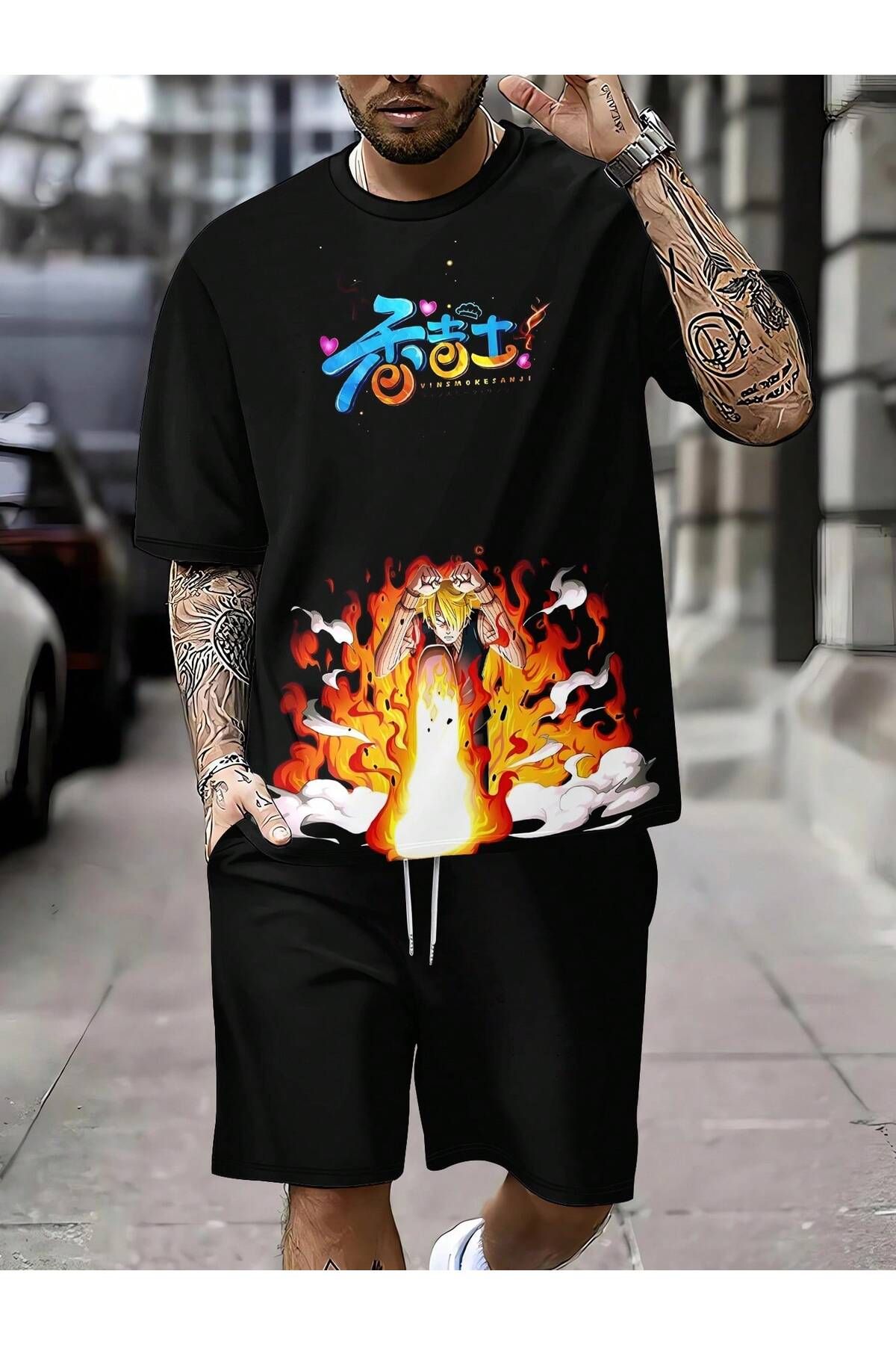 LOU MODA ERKEK PAMUKLU BASKILI Ayıcık TSHIRT-ŞORT TAKIMI 2Lİ OVERSİZE BÜYÜK BEDEN