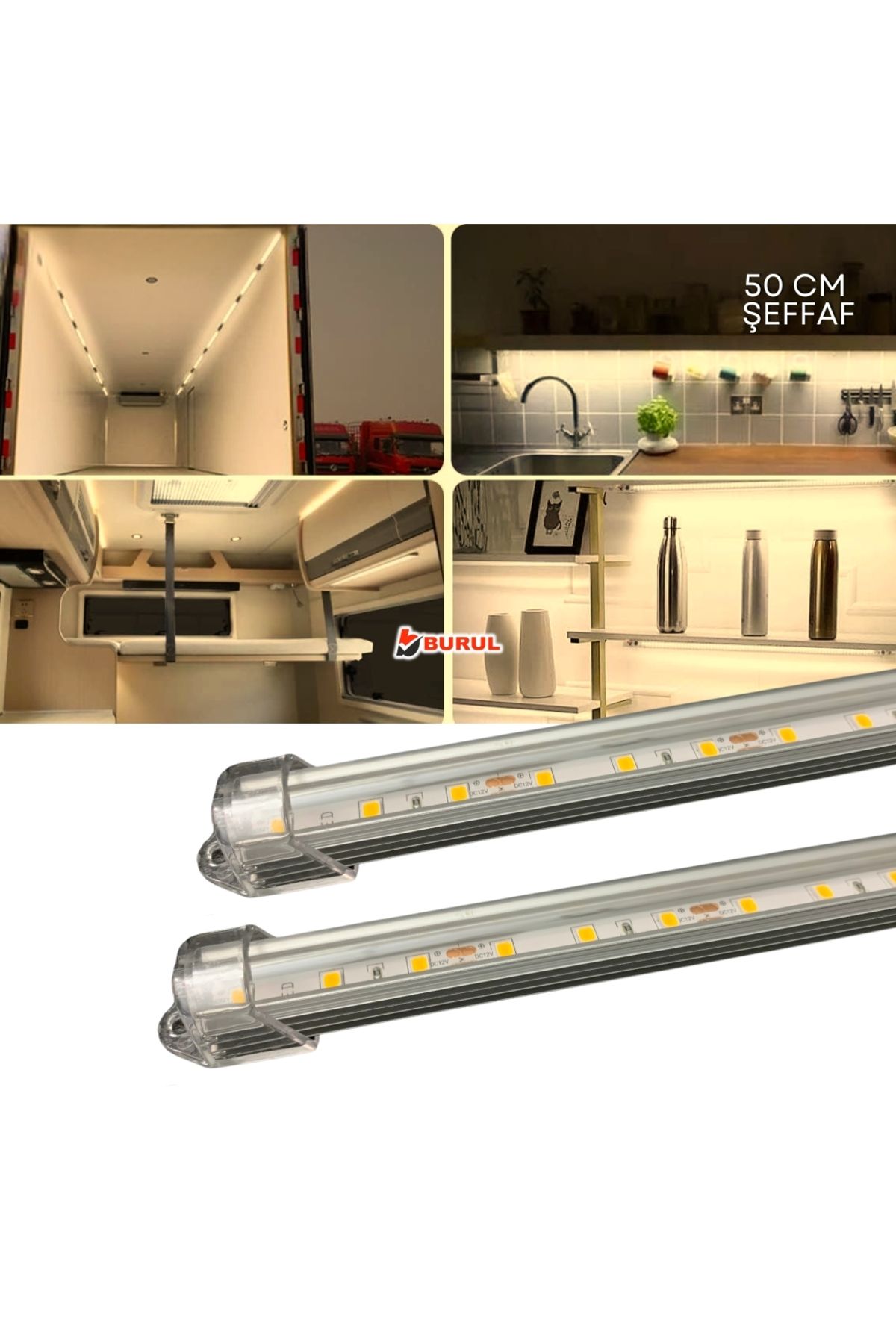 burul SB-6550 - 2 Adet Alüminyum Kasa Çubuk Led 12 Volt Gün Işığı 50 Cm Şeffaf Karavan Tekne Otomobil
