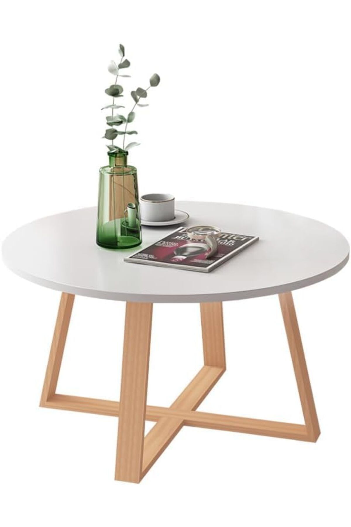 COOYA-2-piece round coffee table set, wooden frame, durable, stackable or split, easy to assemble, white 4