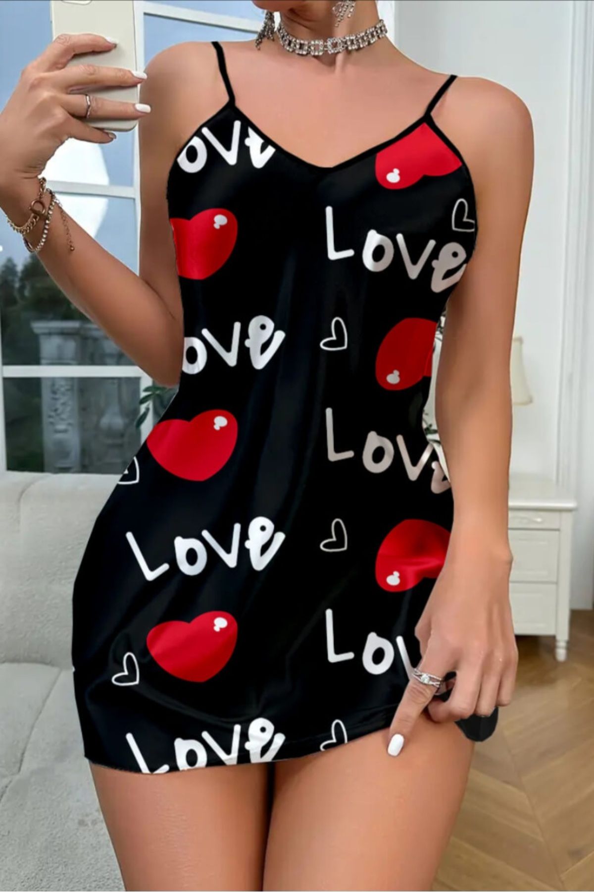 MODA Love desenli saten gecelik