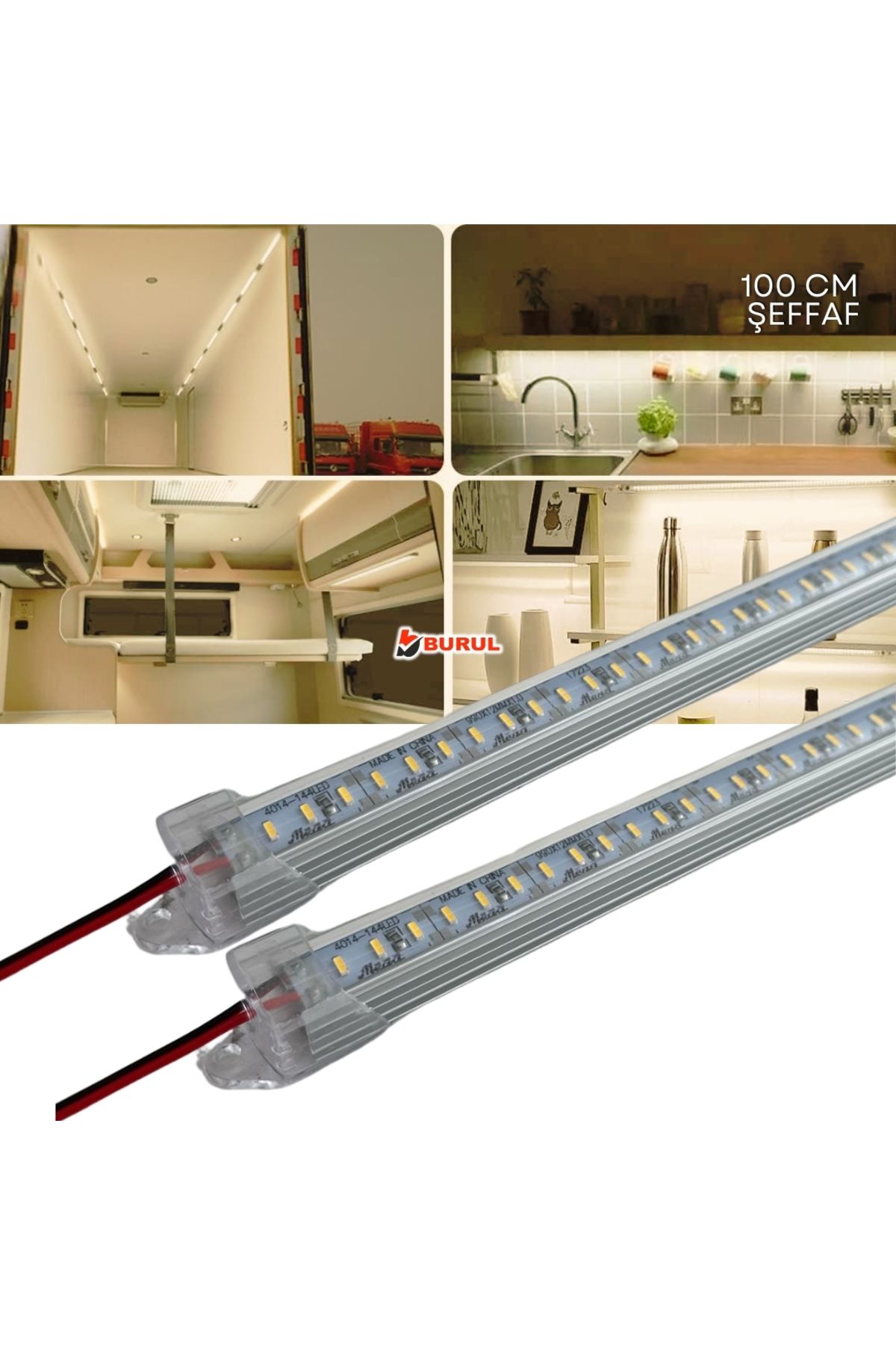 burul SB-6552 2 Adet Alüminyum Kasa Yüksek Lümen 4014 Bar Led 12 Volt Günışığı 100 Cm Şeffaf Karavan Tekne