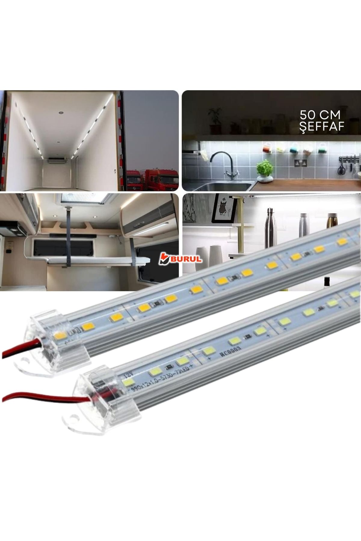 burul SB-6551 2 Adet Alüminyum Kasalı 5630 Bar Led 12 Volt Beyaz 50 Cm Şeffaf Karavan Tekne Otomobil