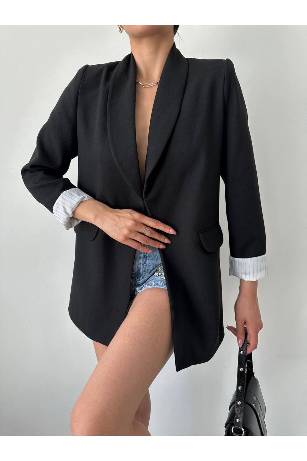 MODA Çizgi Astarlı Siyah Ham Keten Blazer Ceket