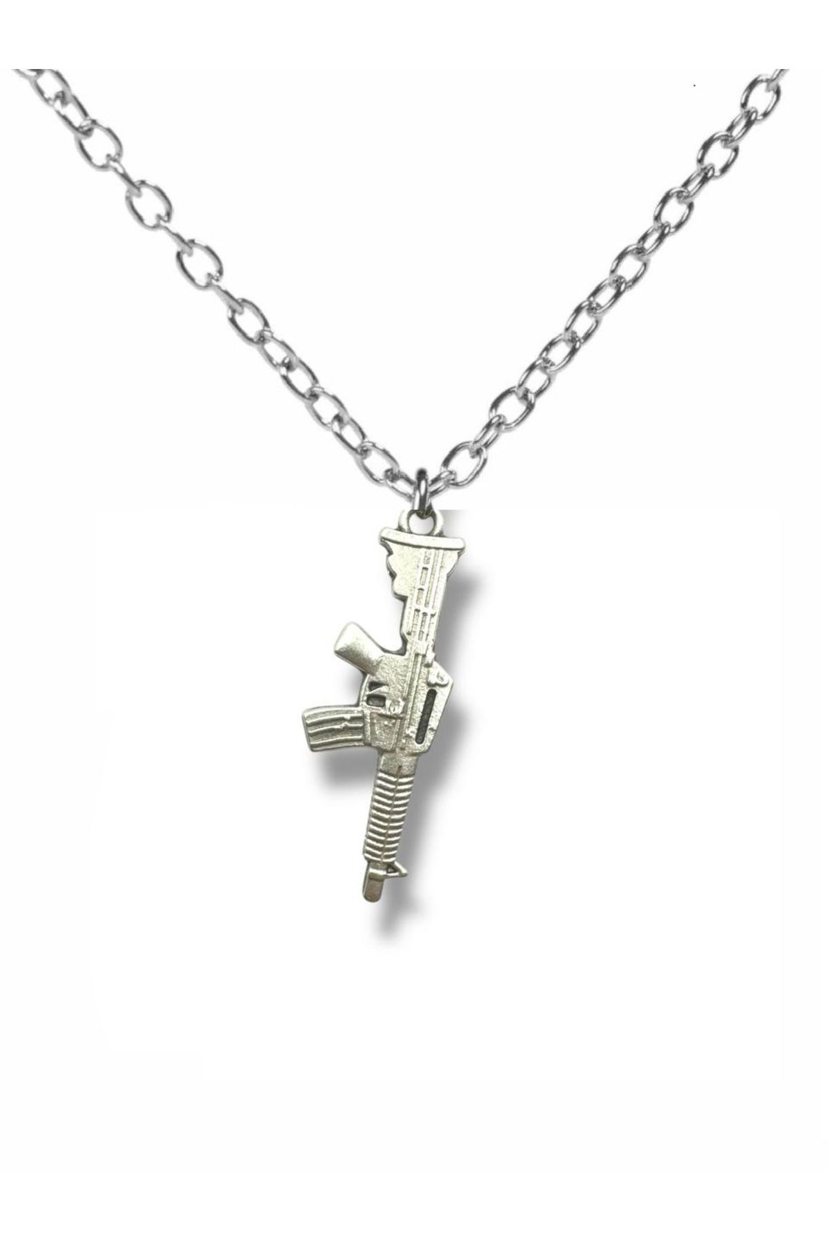 Herşey Nota Tüfek Figürlü Gümüş Renk Unisex Metal Kolye – Sert ve Askerî Stil - 60 cm Zincir