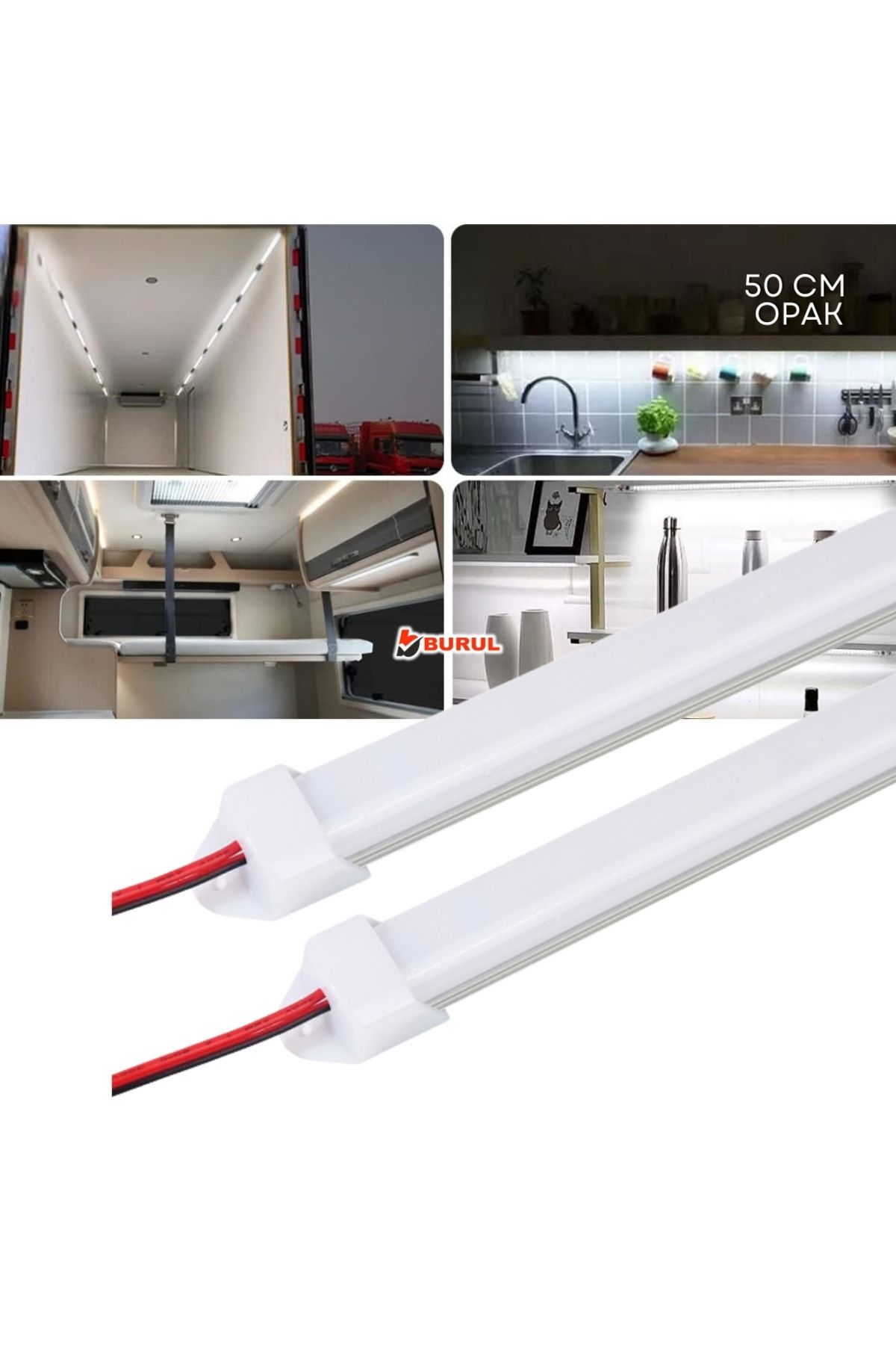 burul SB-6551 2 Adet Alüminyum Kasalı 5630 Bar Led 12 Volt Beyaz 50 Cm Opak Karavan Tekne Otomobil