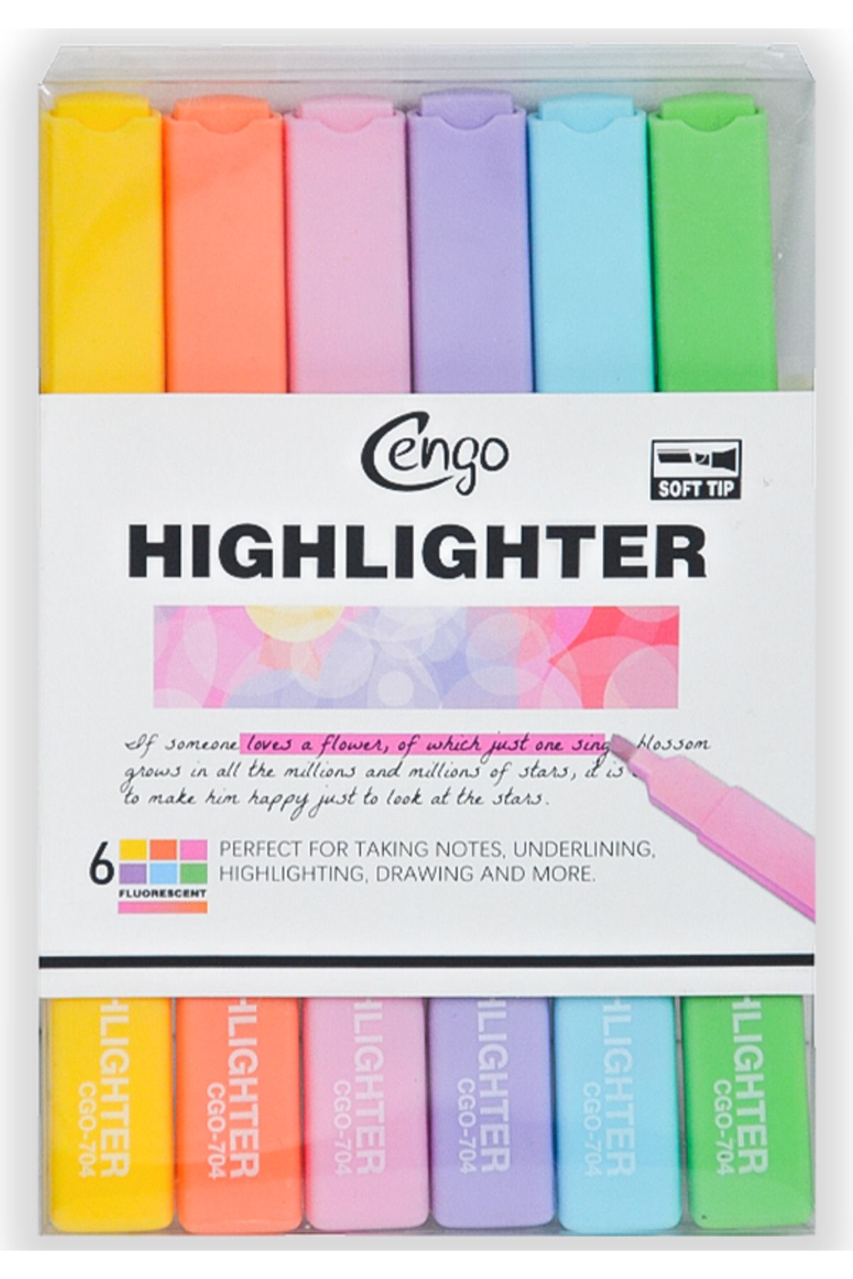 Cengo Kare Tipi Highlighter Fosforlu Kalem Fluorescent Renkler 6lı Set CGO704