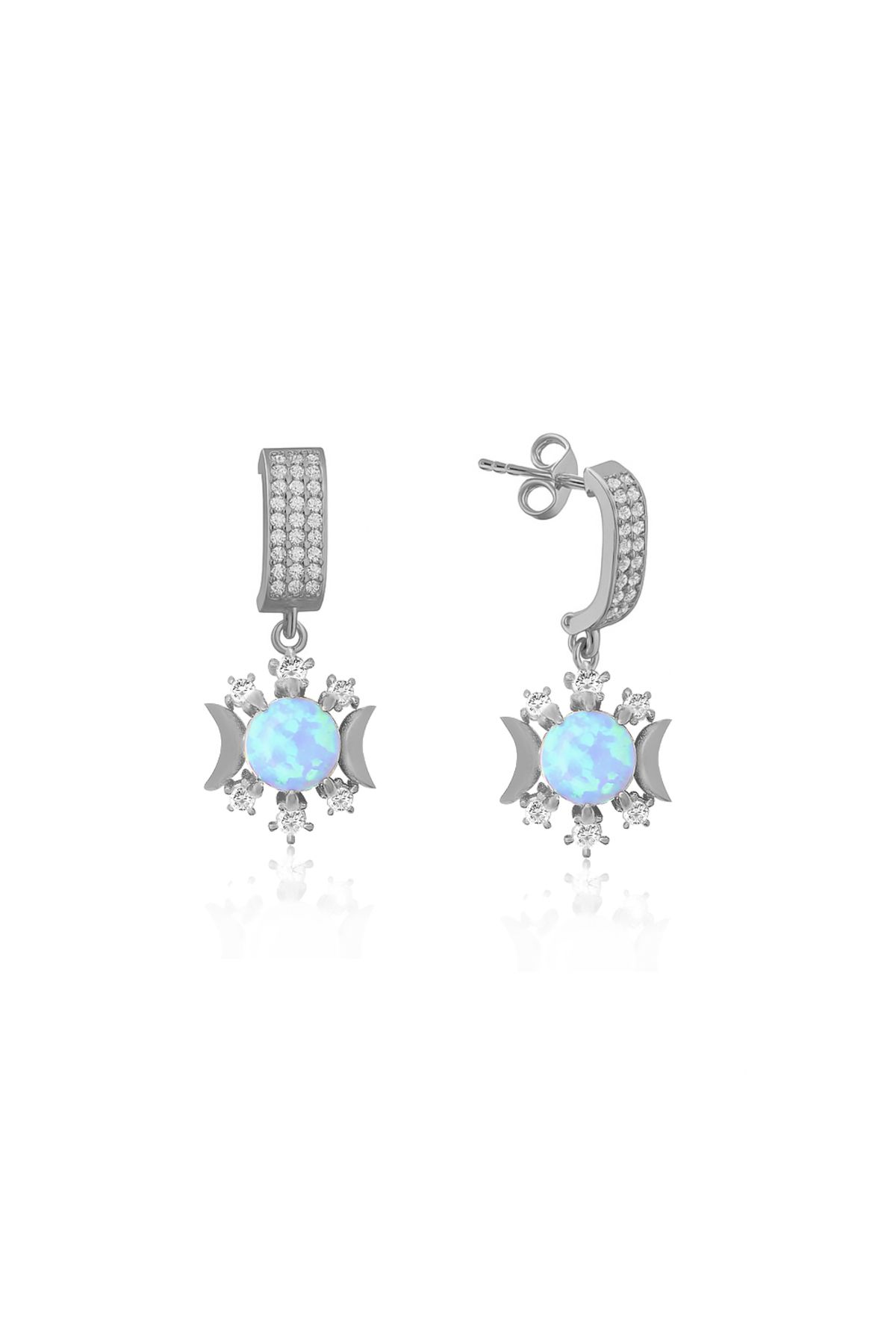 Silveranka 925 Ayar Gümüş Opal Taşlı Güneş Ay ve Yıldız Tasarım Küpe