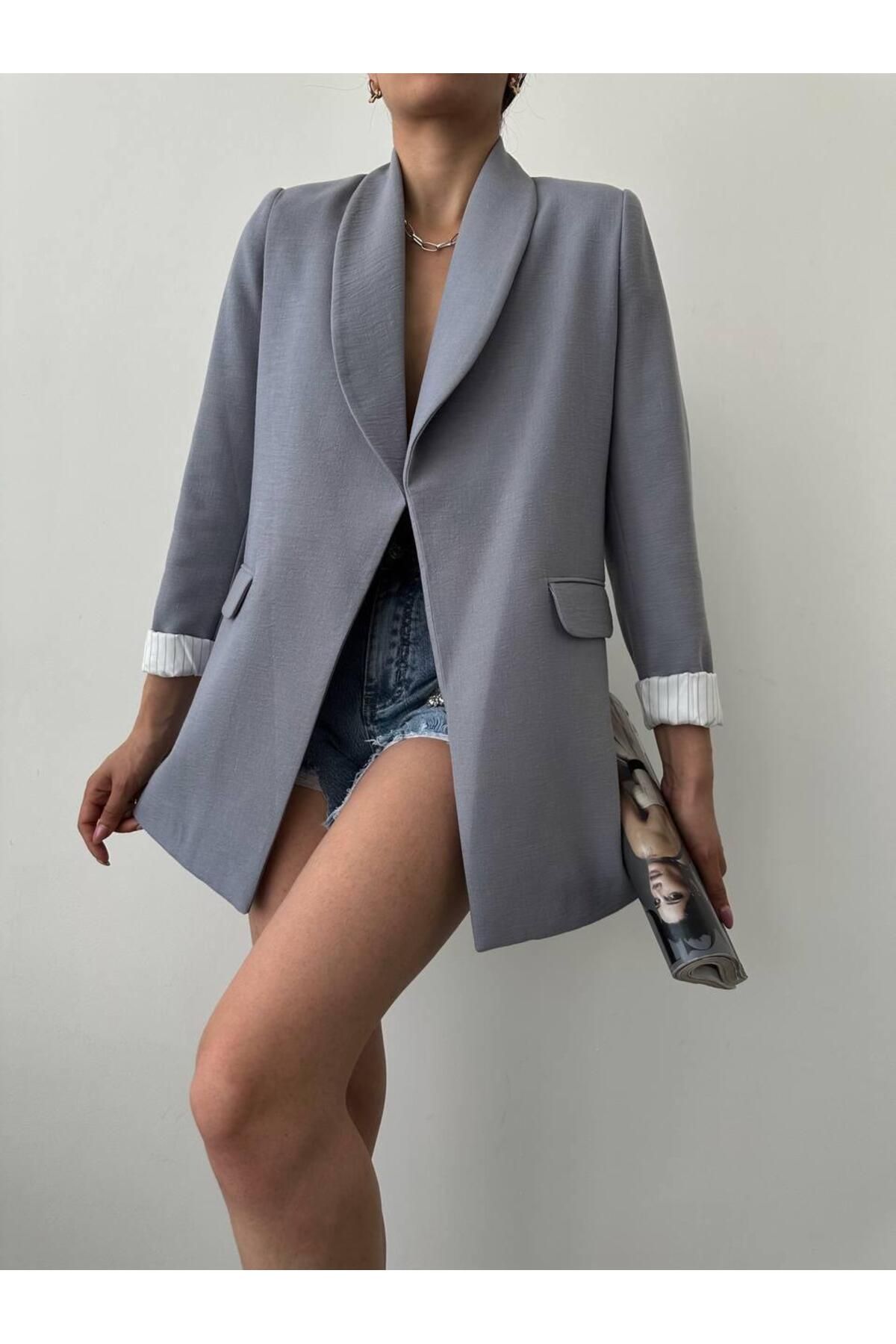 MODA Çizgi Astarlı Gri Ham Keten Blazer Ceket