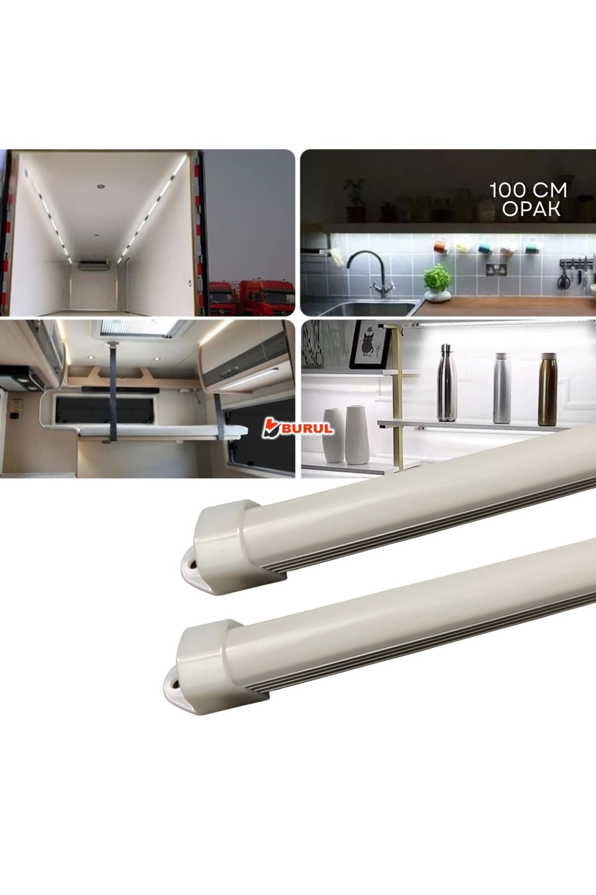 burul SB-6550 - 2 Adet Alüminyum Kasa Çubuk Led 12 Volt Beyaz Işık 100 Cm Opak Karavan Tekne Otomobil