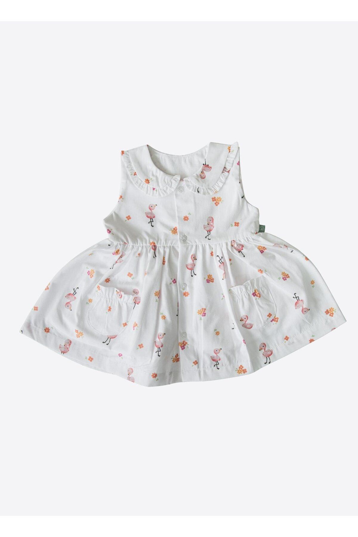 kitikate Organik Flamingo Girl Elbise Beyaz