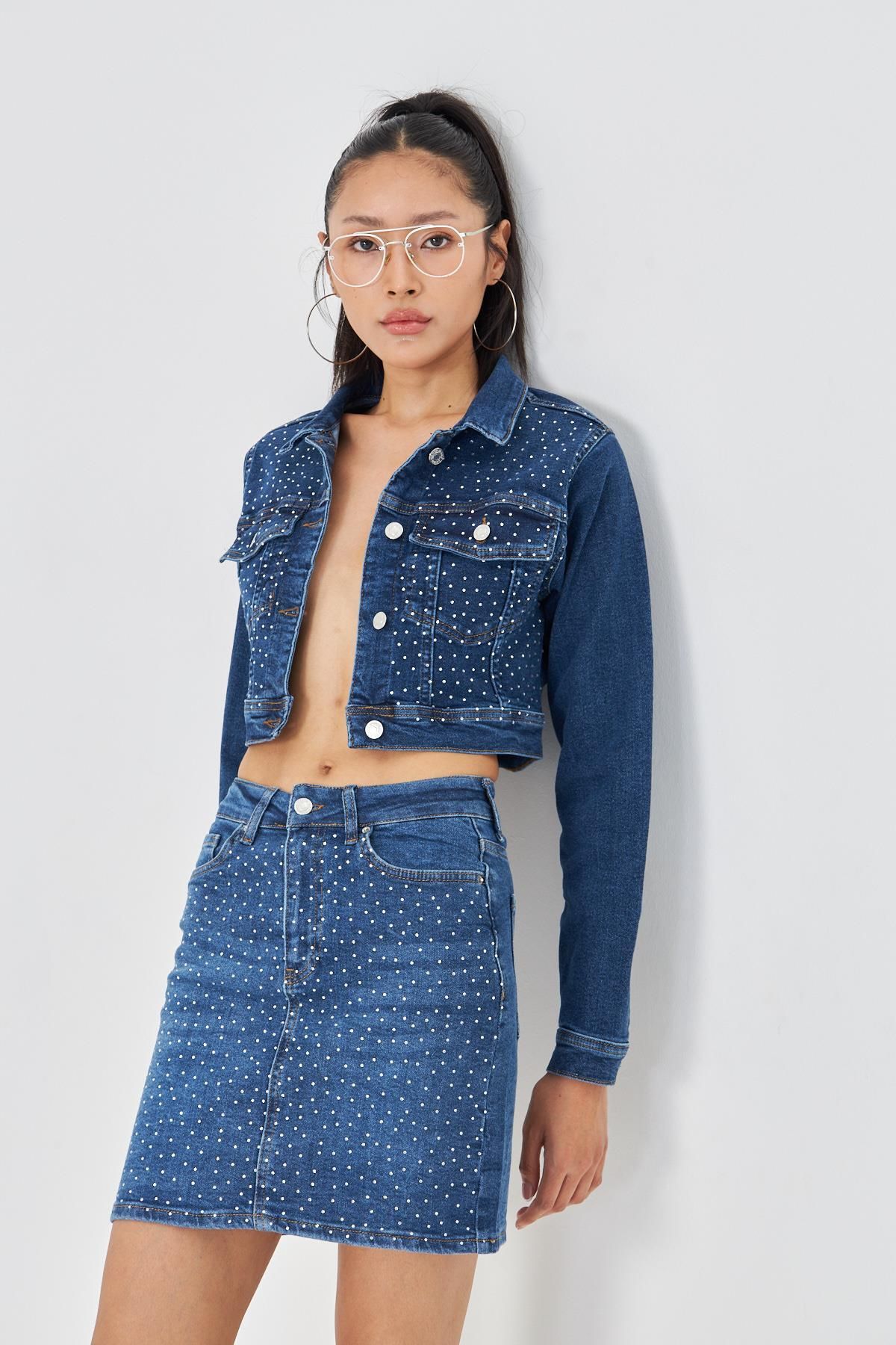 TIFFANY&TOMATO Taş İşlemeli Crop Denim Ceket