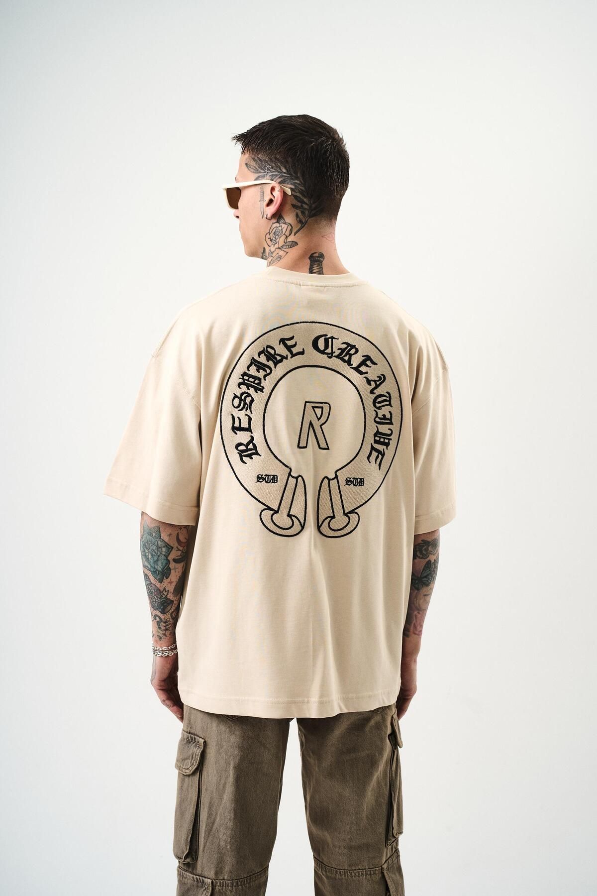 Respire Erkek R Creative Nakışlı Oversize T-Shirt Bej